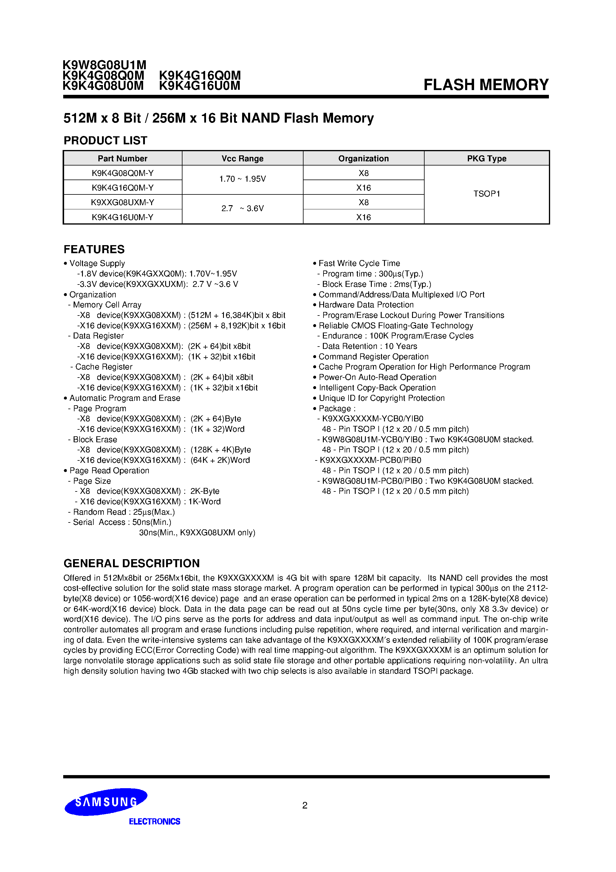 Datasheet K9W8G08U1M - 512M x 8 Bit / 256M x 16 Bit NAND Flash Memory page 2