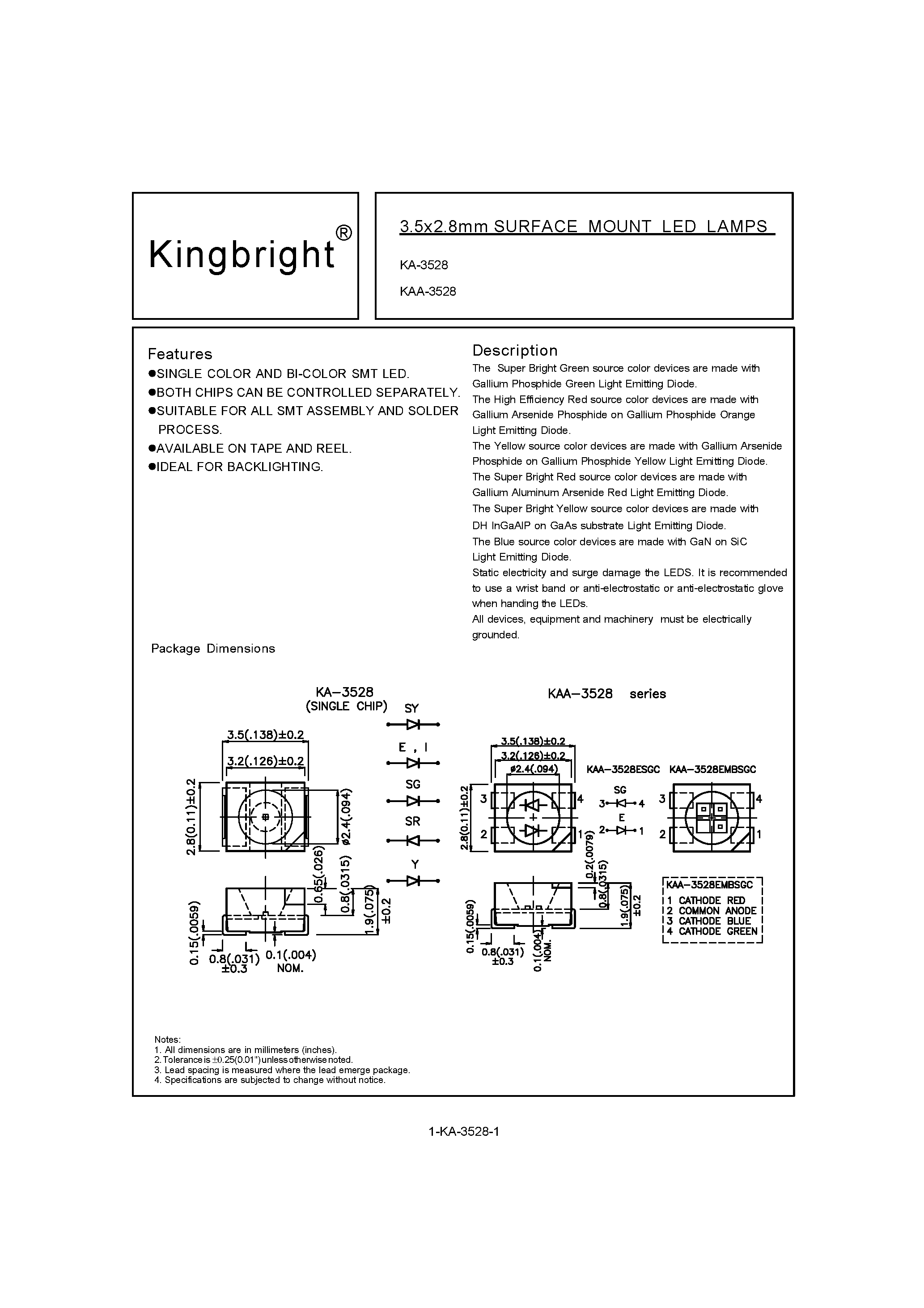 Datasheet KA-3528SRC - 3.5 x 2.8mm SURFACE MOUNT LED LAMPS page 1