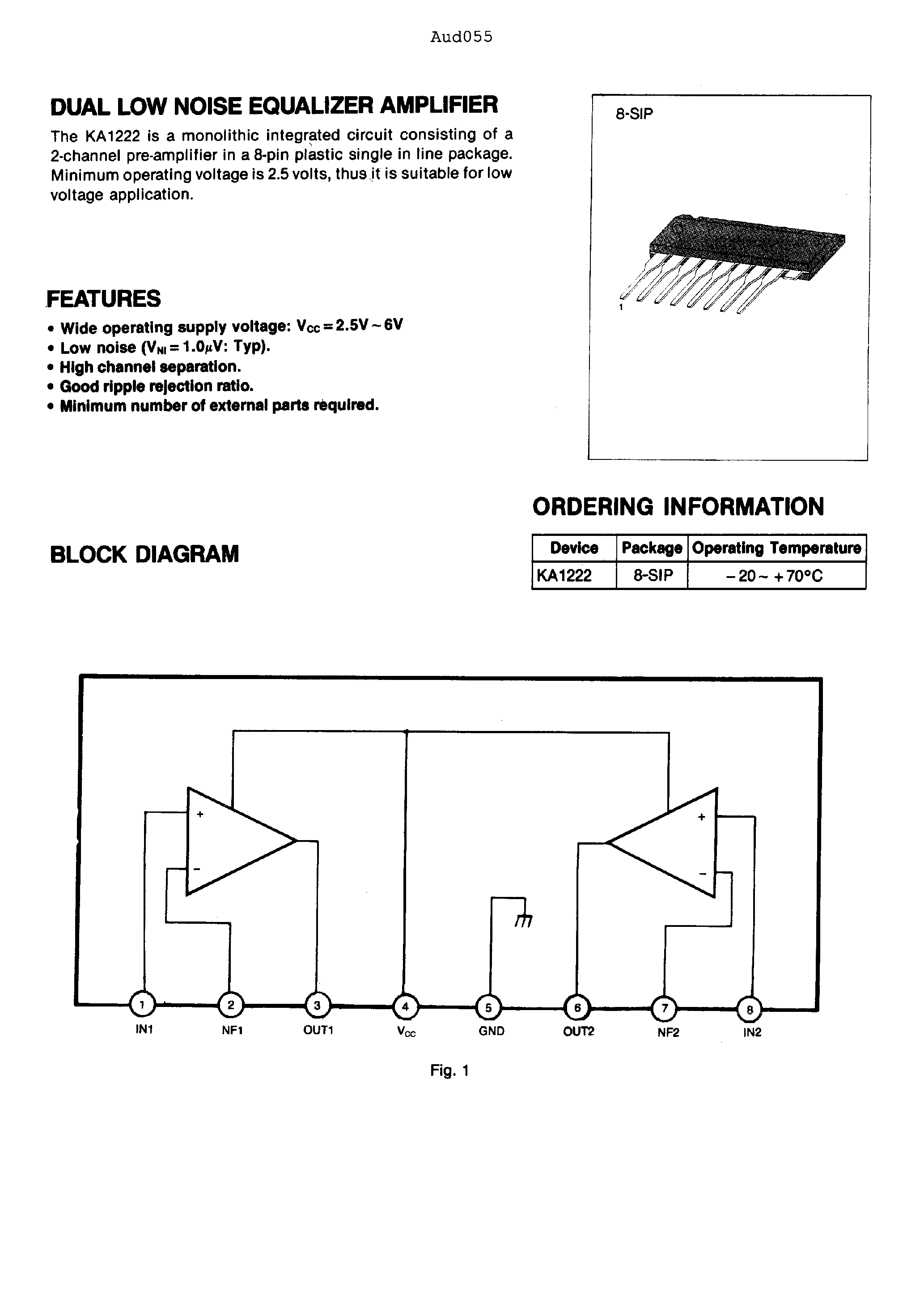 Datasheet KA1222 page 1 Datasheet KA1222 - DUAL LOW NOISE EQUALIZER AMPLIFIER page 1