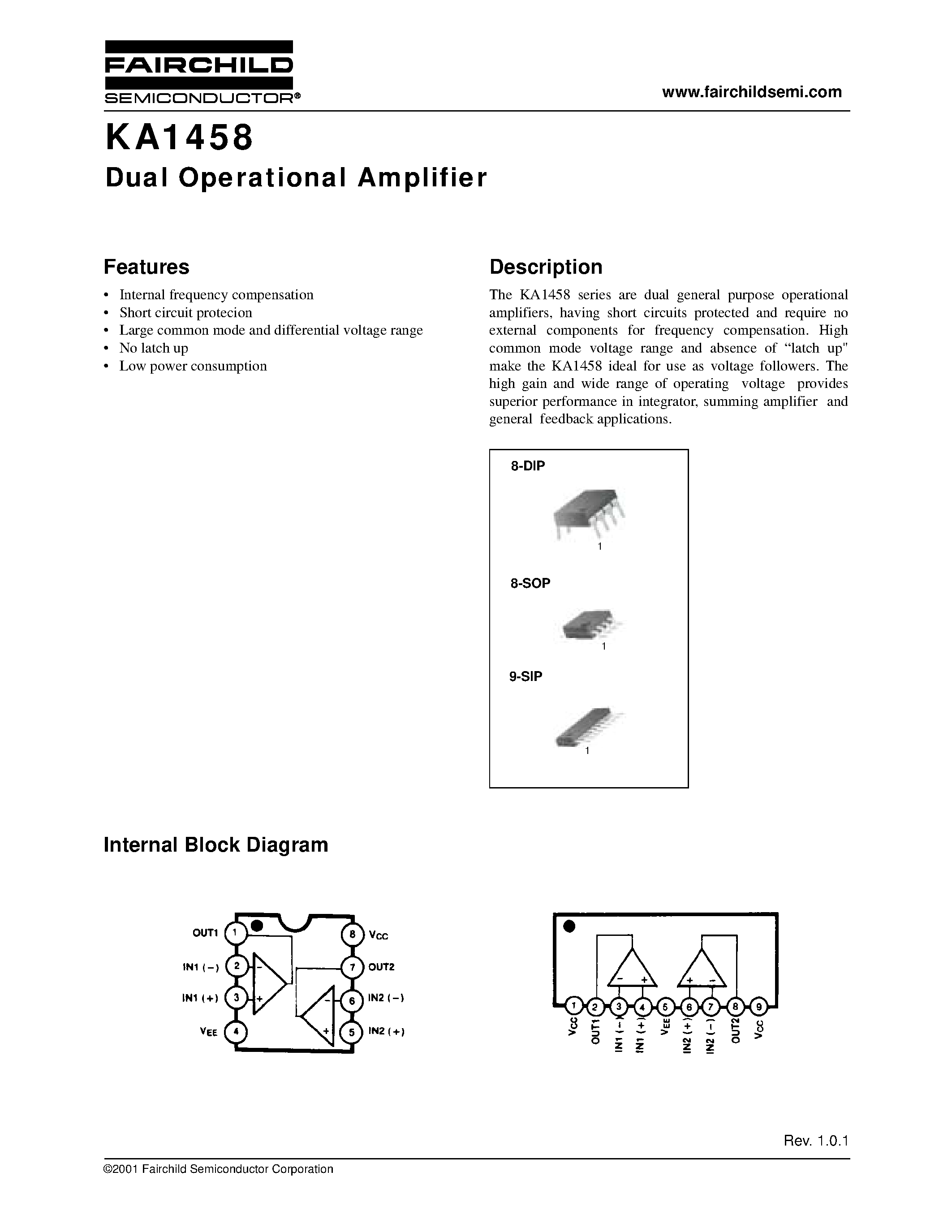 Даташит KA1458 - Dual Operational Amplifier страница 1