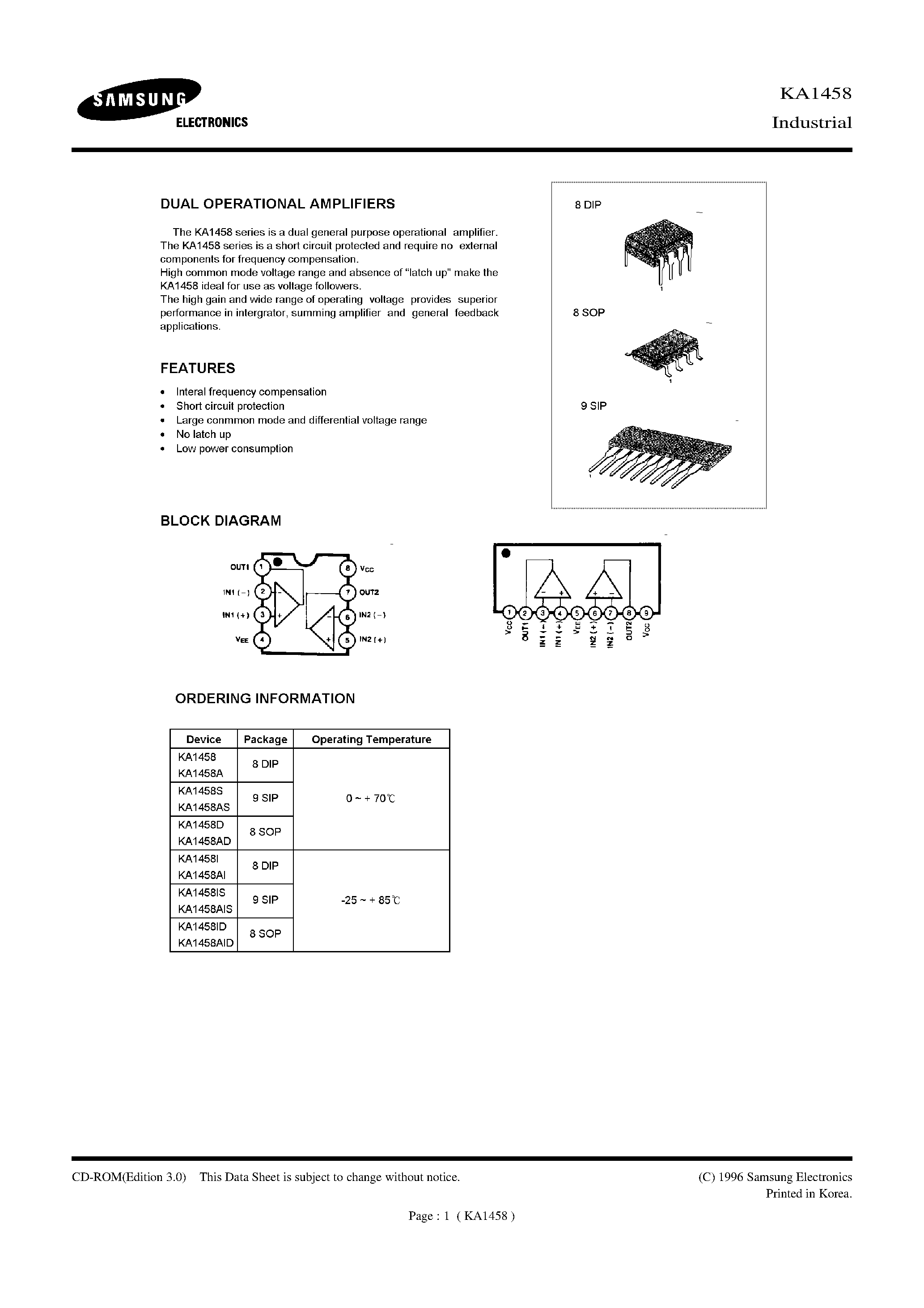 Datasheet KA1458I - DUAL OPERATIONAL AMPLIFIERS page 1