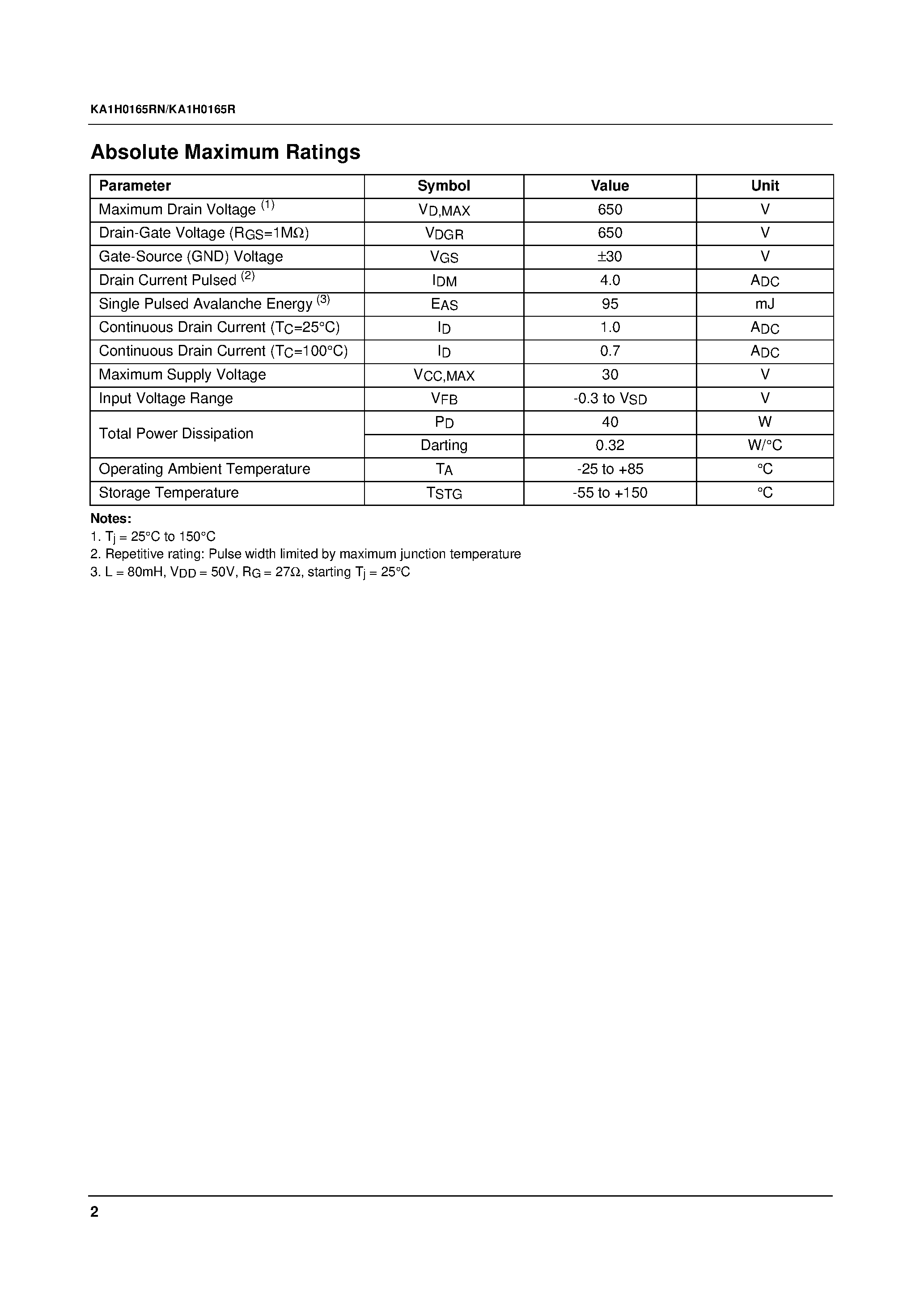 Datasheet KA1H0165R page 2 Datasheet KA1H0165R - Fairchild Power Switch(FPS) page 2