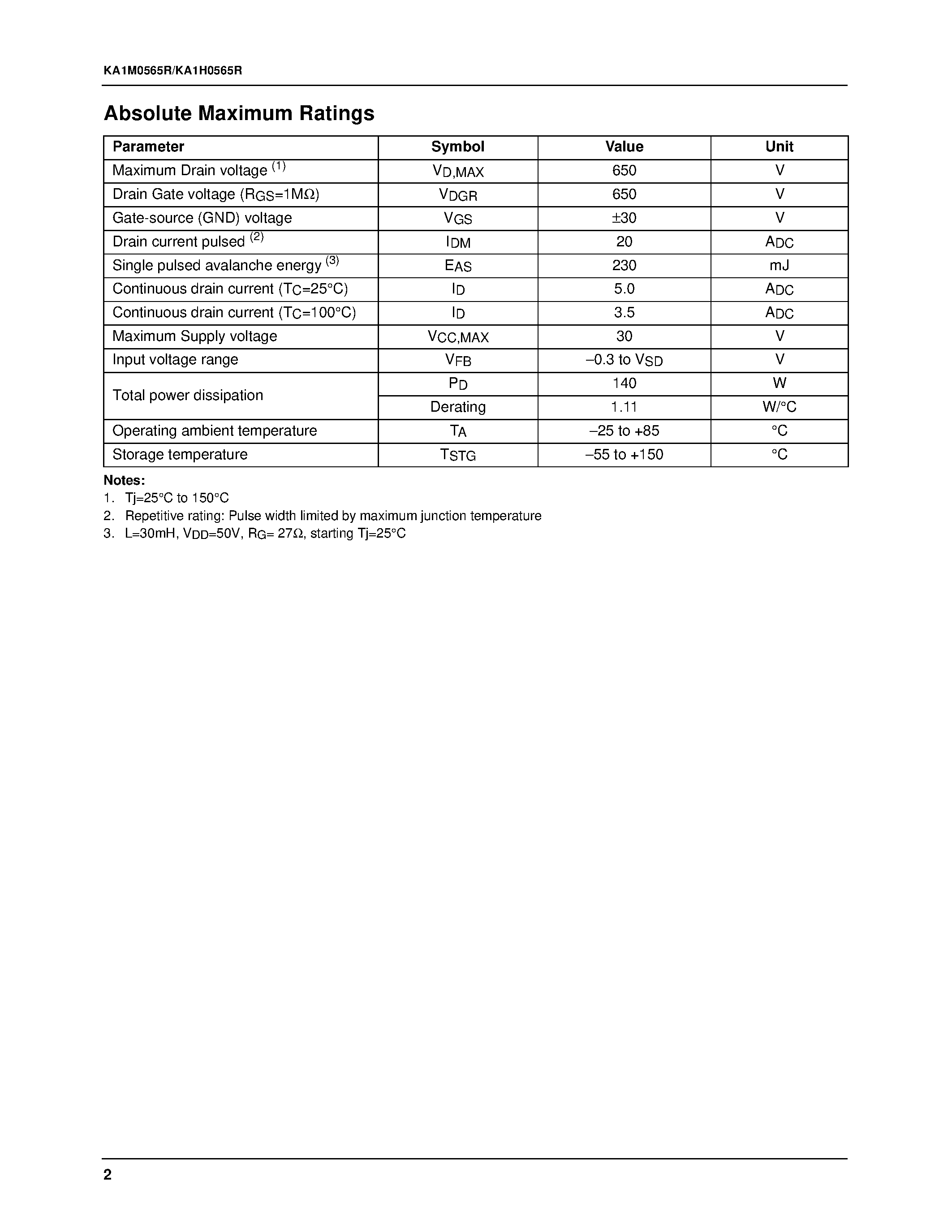 Datasheet KA1H0565R-YDTU page 2 Datasheet KA1H0565R-YDTU - Fairchild Power Switch(FPS) page 2