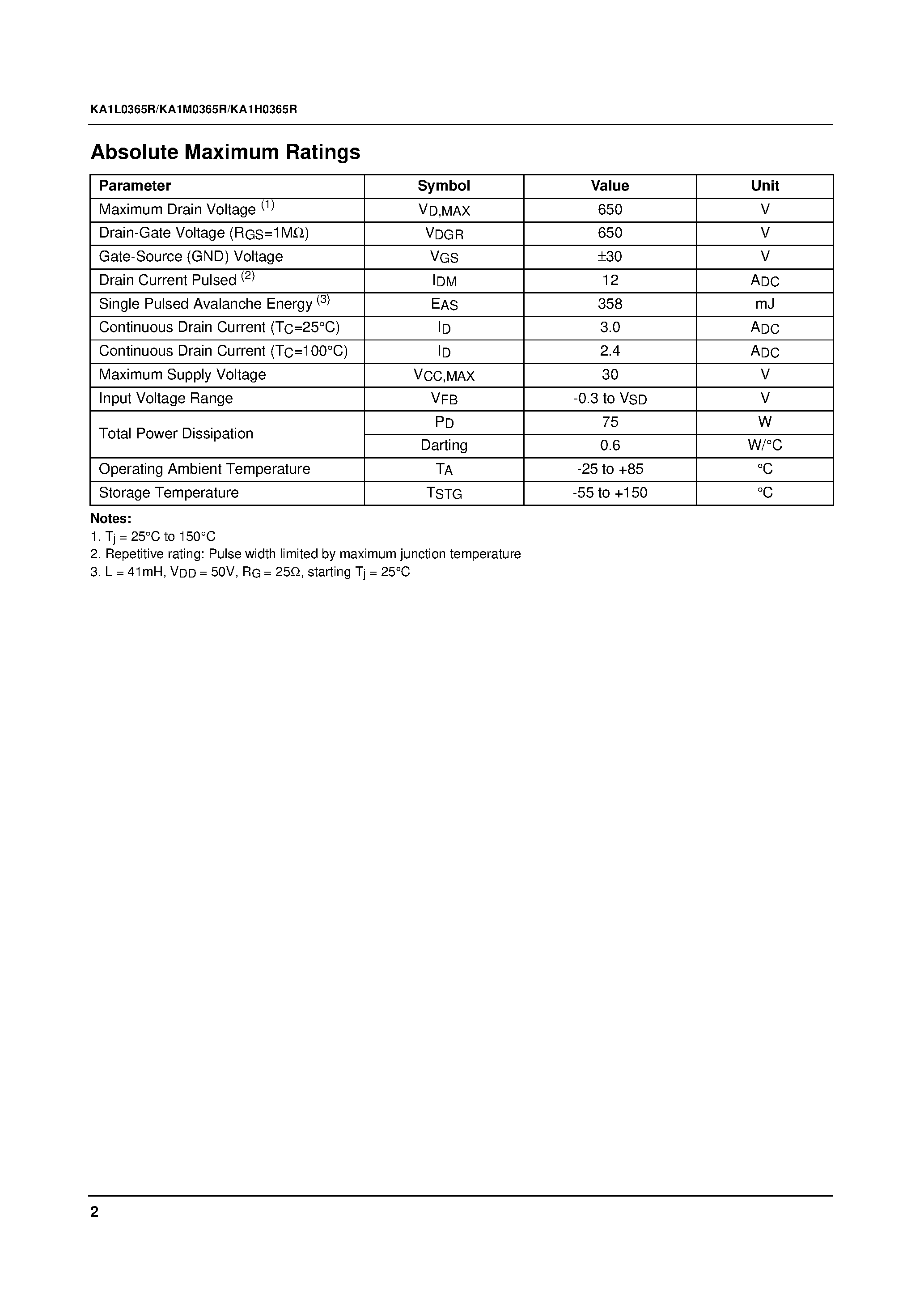 Datasheet KA1L0365R page 2 Datasheet KA1L0365R - Fairchild Power Switch(FPS) page 2