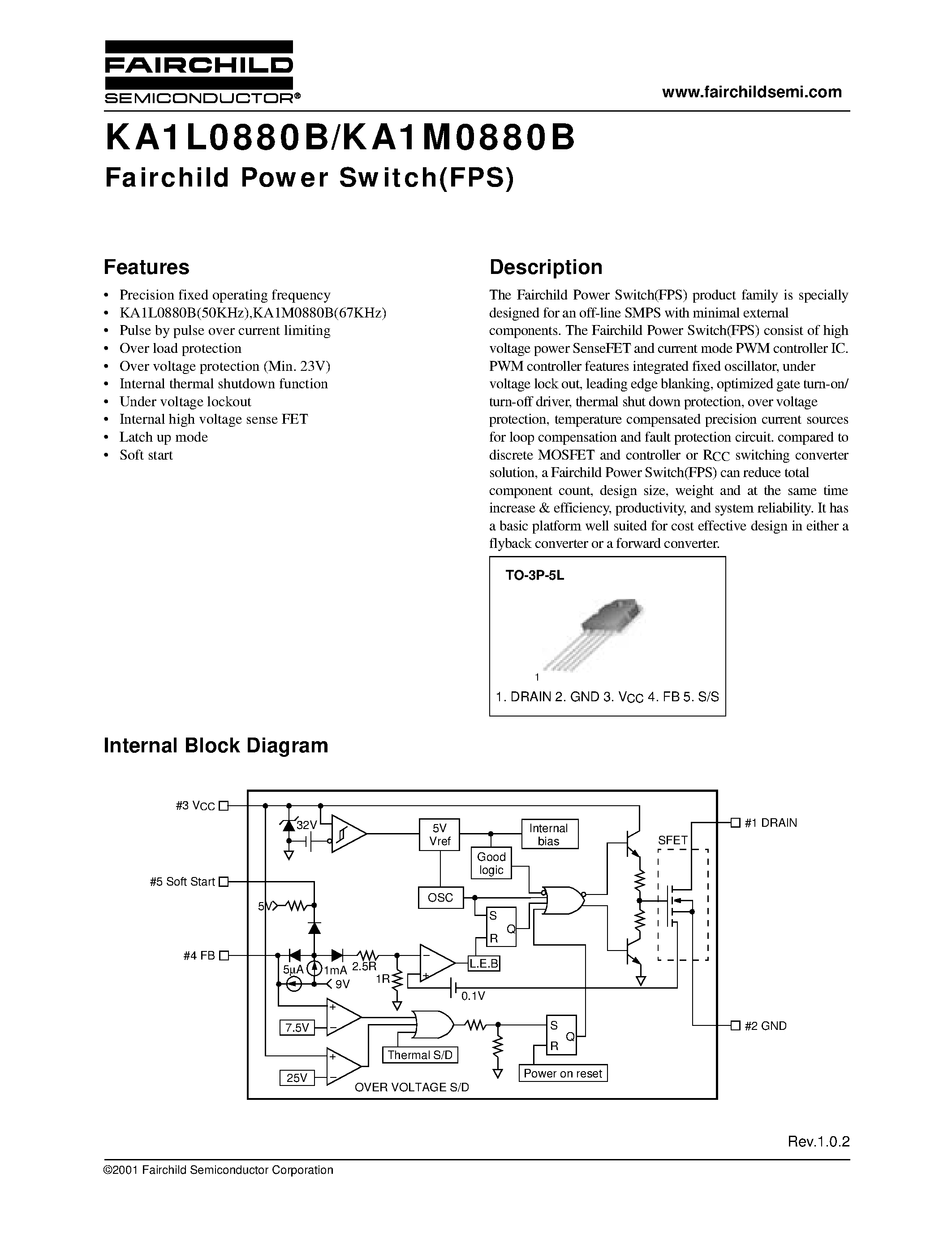 Datasheet KA1L0880 - Fairchild Power Switch(FPS) page 1