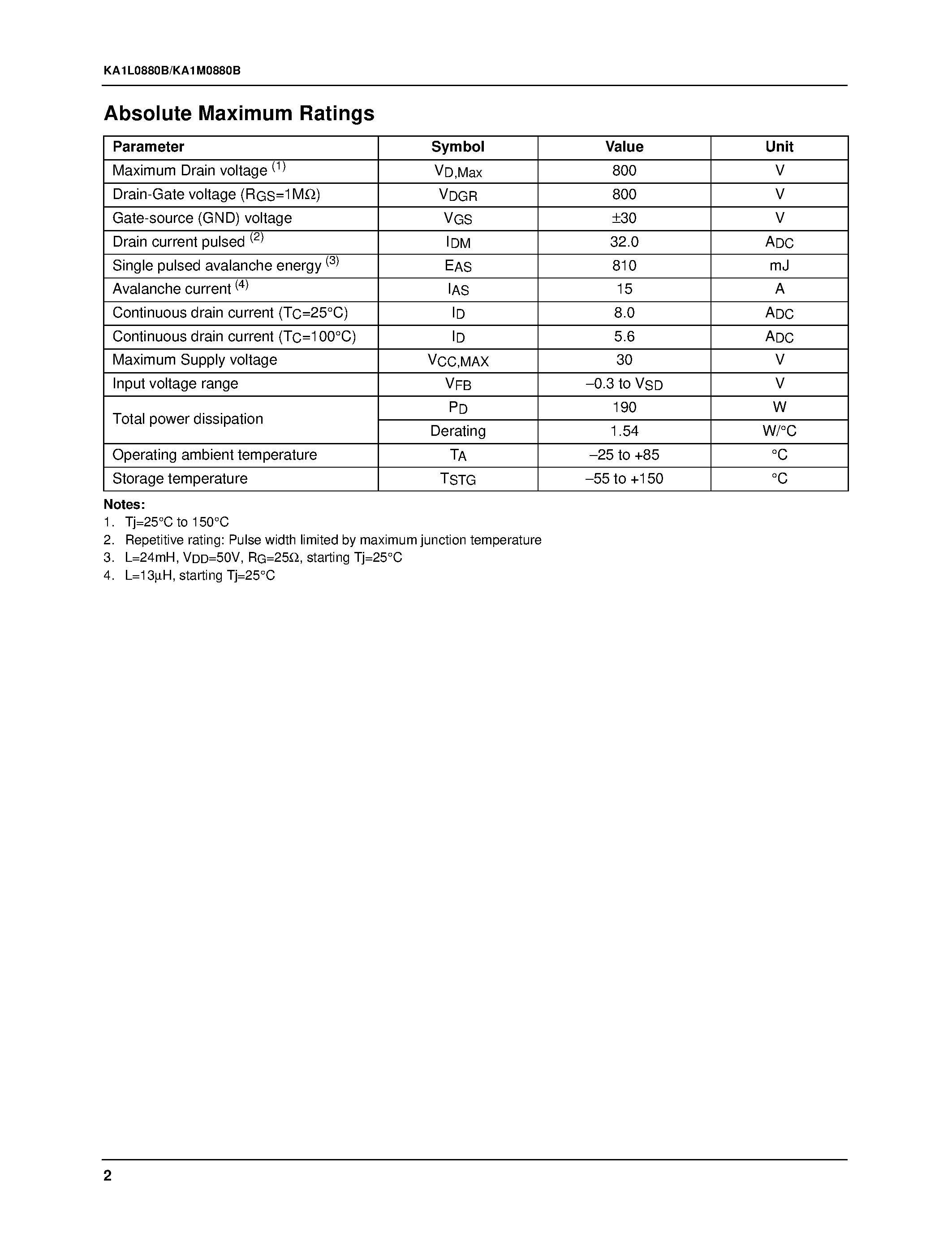 Datasheet KA1L0880B-TU page 2 Datasheet KA1L0880B-TU - Fairchild Power Switch(FPS) page 2