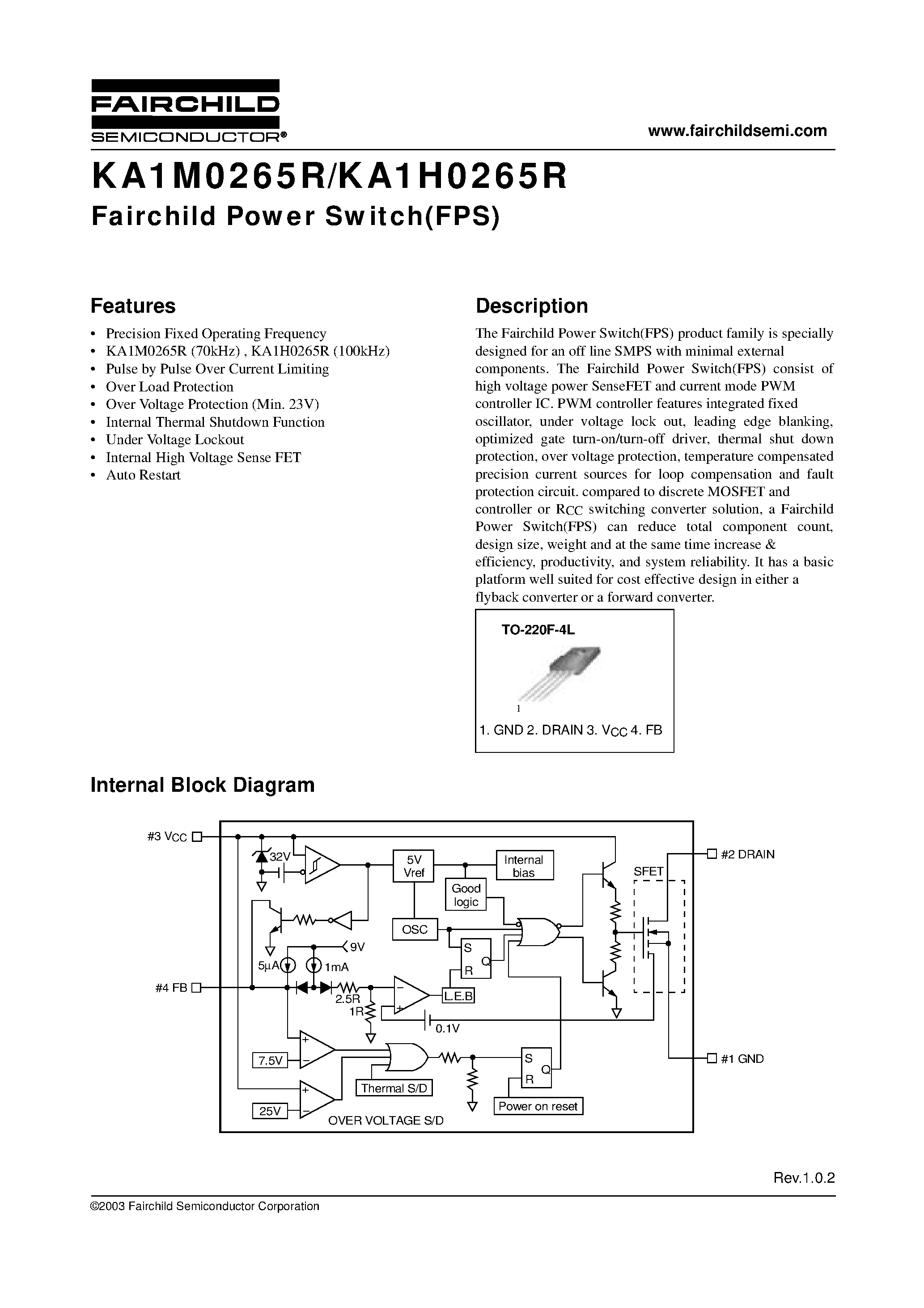 Даташит на микросхему KA1M0265R-TU страница 1 Даташит KA1M0265R-TU - Fairchild Power Switch(FPS) страница 1