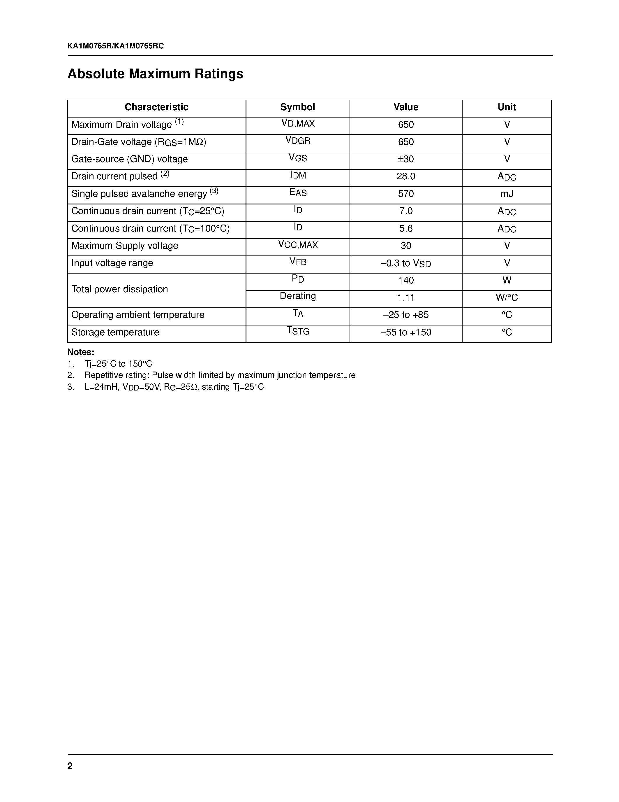 Datasheet KA1M0765R-YDTU page 2 Datasheet KA1M0765R-YDTU - Fairchild Power Switch(FPS) page 2