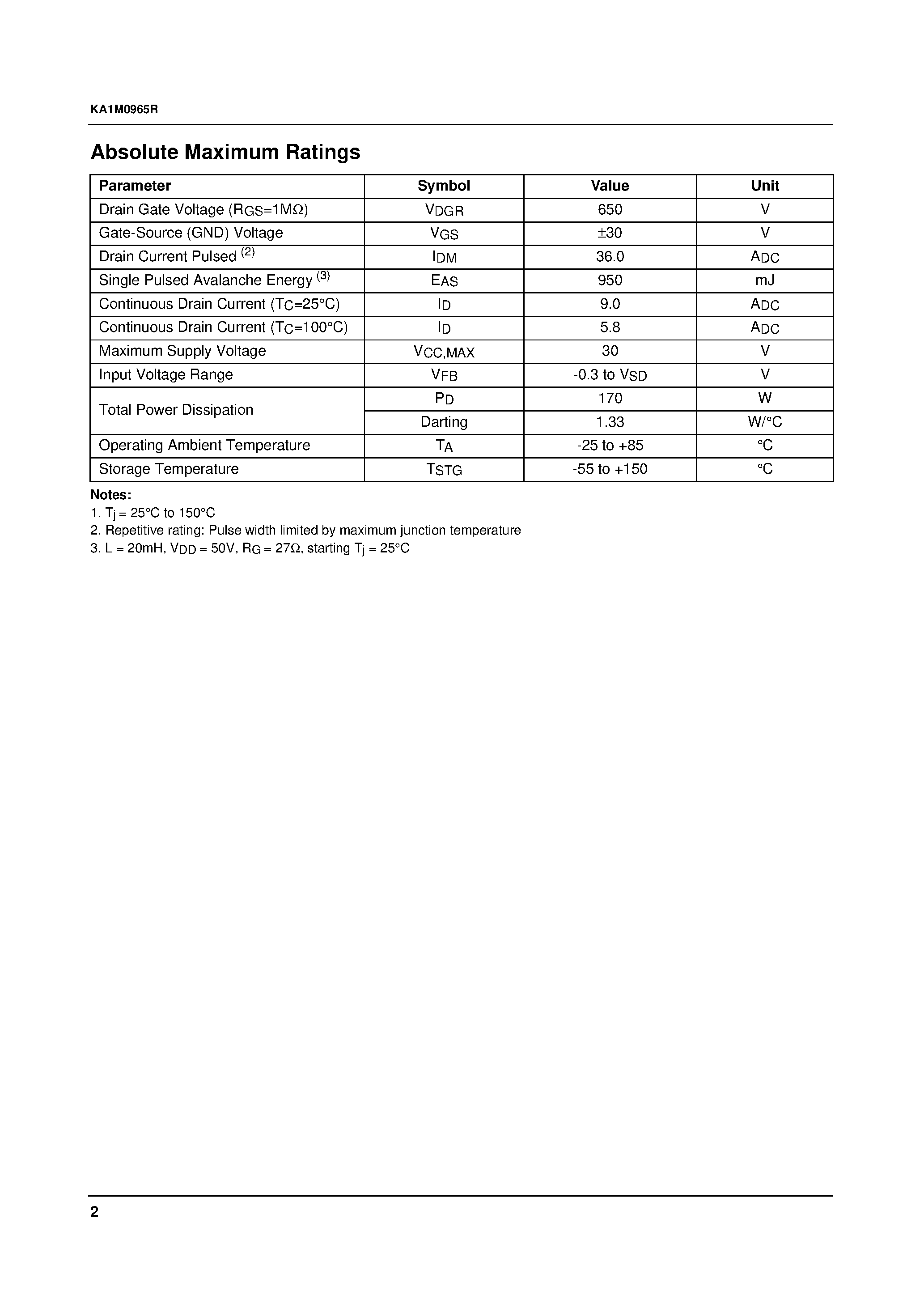 Datasheet KA1M0965RYDTU page 2 Datasheet KA1M0965RYDTU - Fairchild Power Switch(FPS) page 2