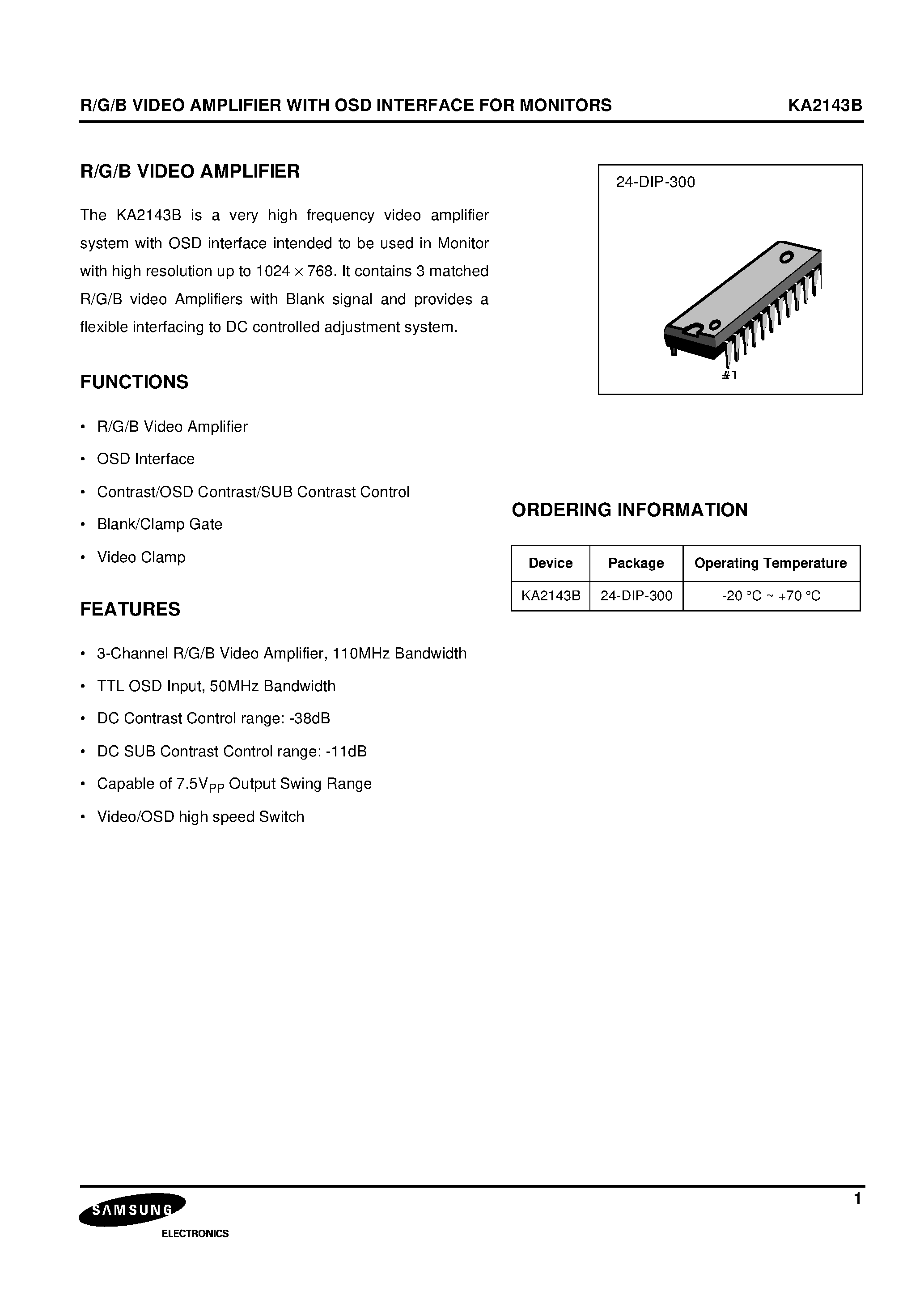 Datasheet KA2143B page 2 Datasheet KA2143B - R/G/B VIDEO AMPLIFIER WITH OSD INTERFACE FOR MONITORS page 2