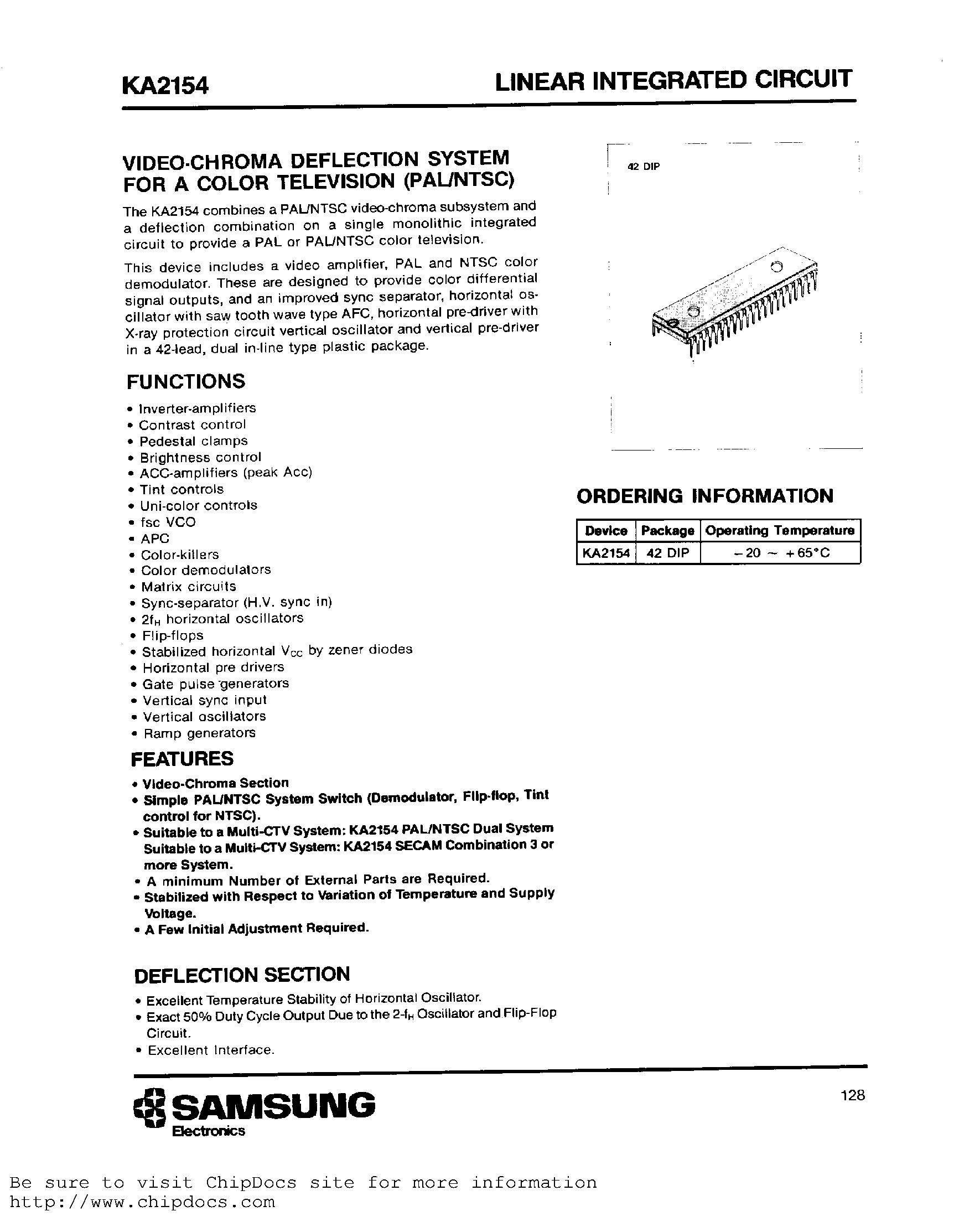 Datasheet KA2154 - Video-Chroma Deflection system For A Color Television(PAL/NTSC) page 1