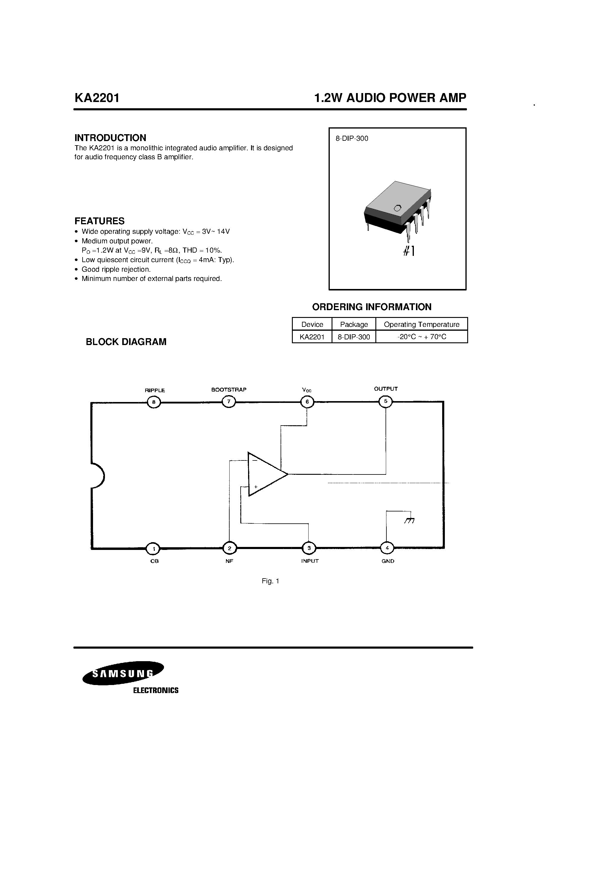 Даташит на микросхему KA2201 страница 1 Даташит KA2201 - 1.2W AUDIO POWER AMP страница 1