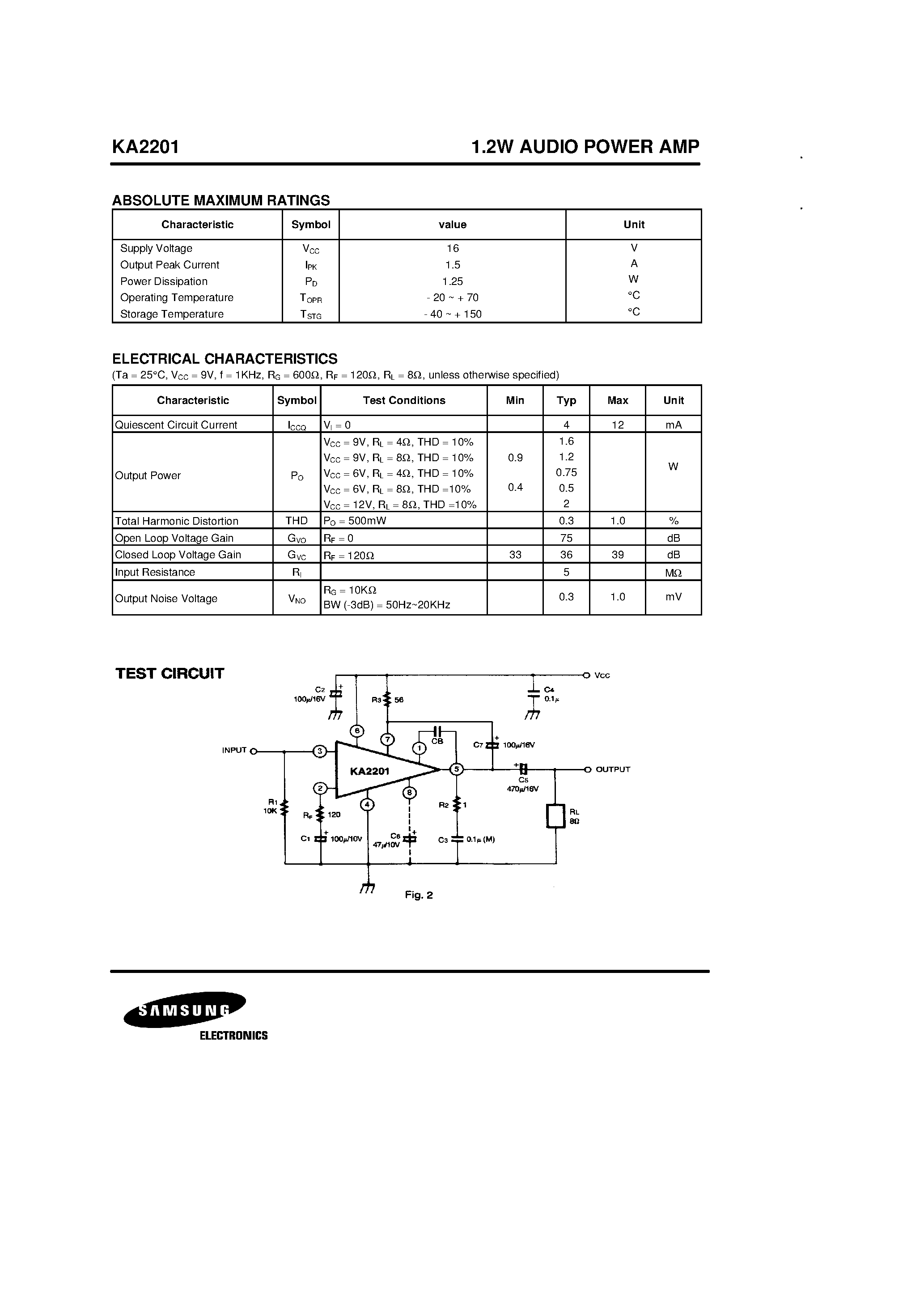 Даташит на микросхему KA2201 страница 2 Даташит KA2201 - 1.2W AUDIO POWER AMP страница 2