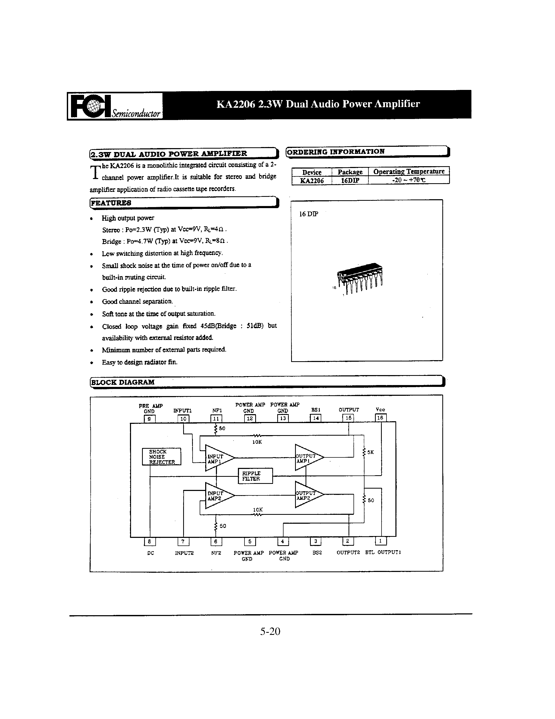 Даташит на микросхему KA2206 страница 1 Даташит KA2206 - KA2206 2.3W Dual Audio Power Amplifier страница 1