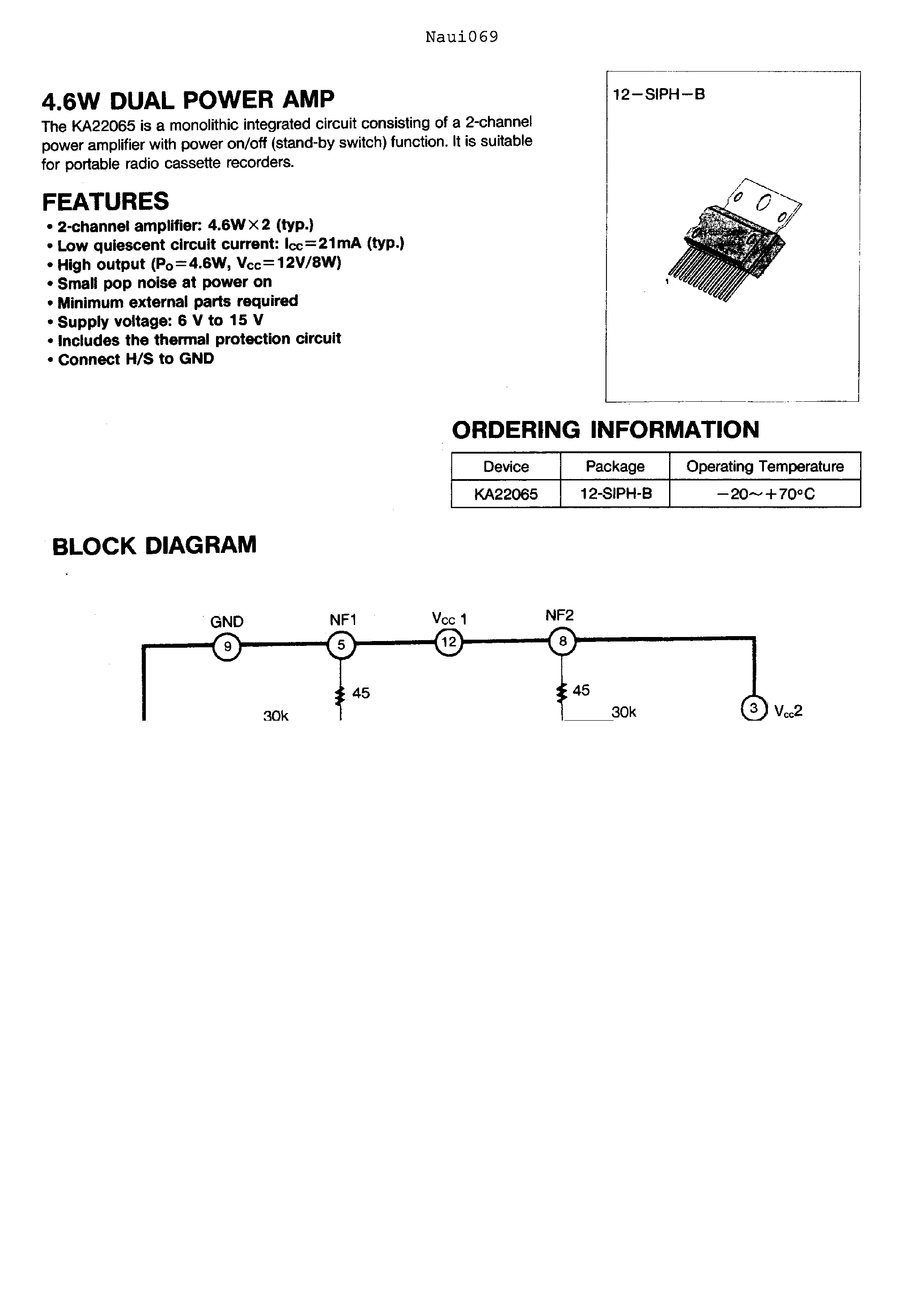 Даташит на микросхему KA22065 страница 1 Даташит KA22065 - 4.6W DUAL POWER AMP страница 1