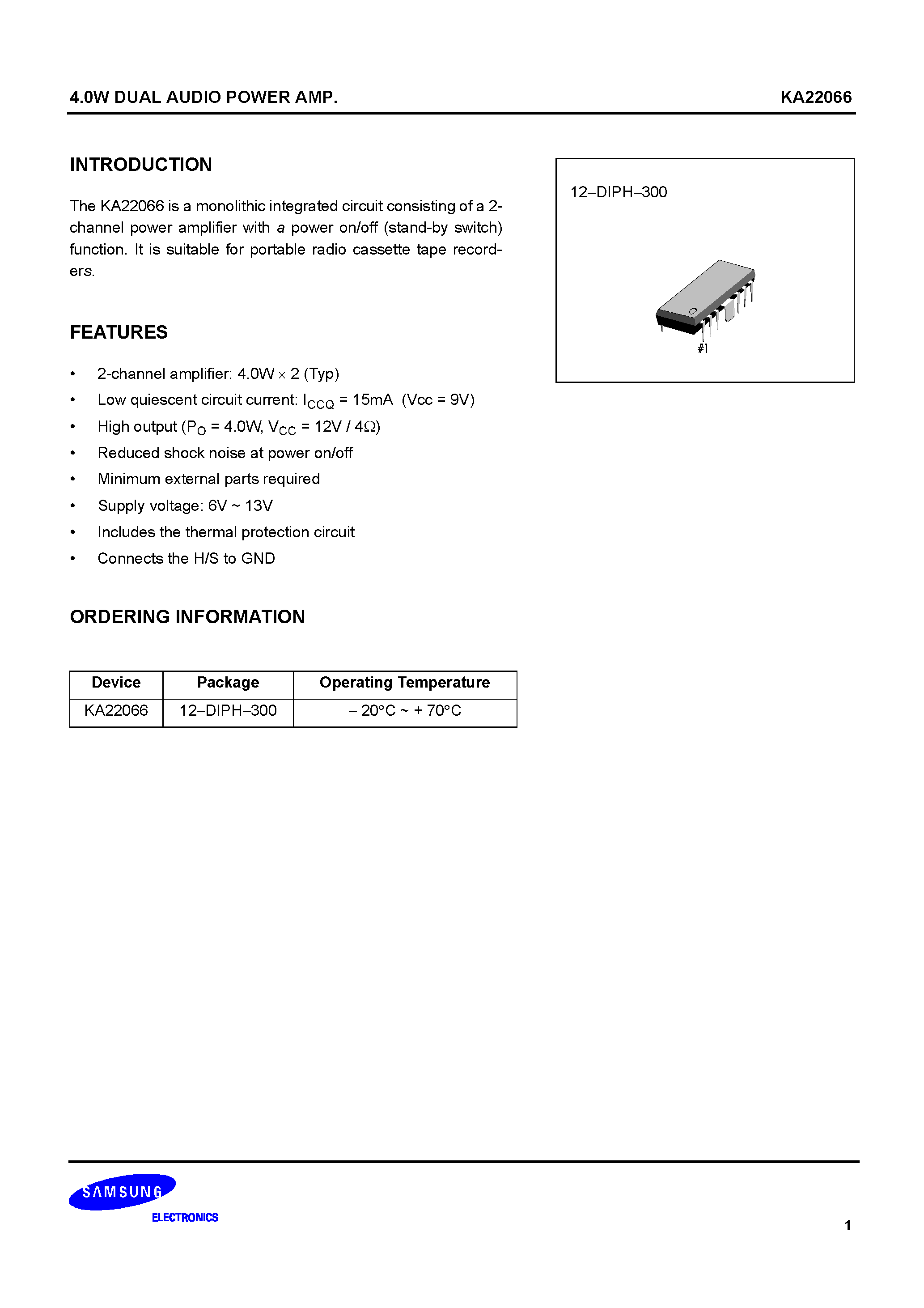 Даташит на микросхему KA22066 страница 1 Даташит KA22066 - 4.0W DUAL AUDIO POWER AMP. страница 1