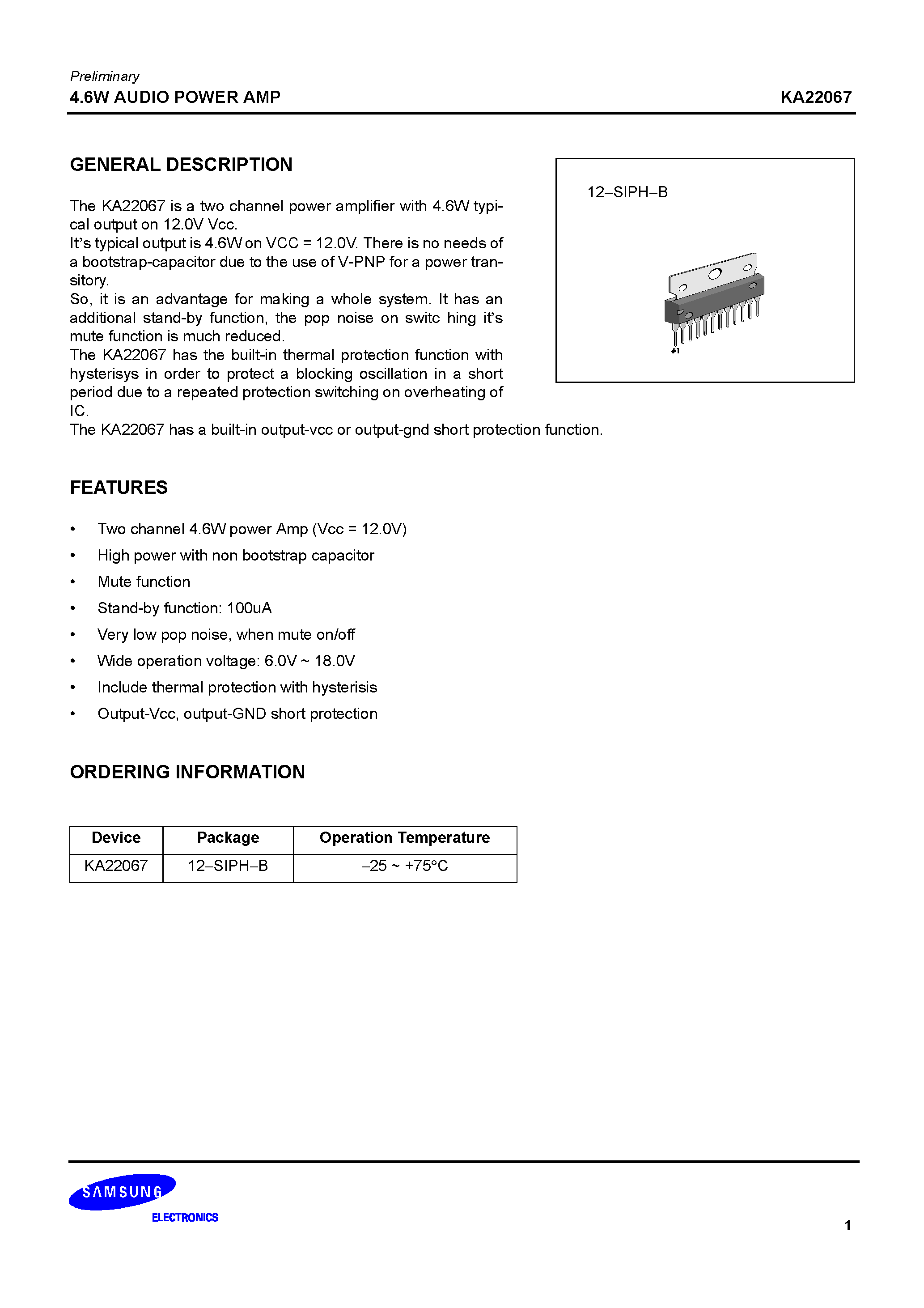 Даташит KA22067 - 4.6W AUDIO POWER AMP (GENERAL DESCRIPTION) страница 1