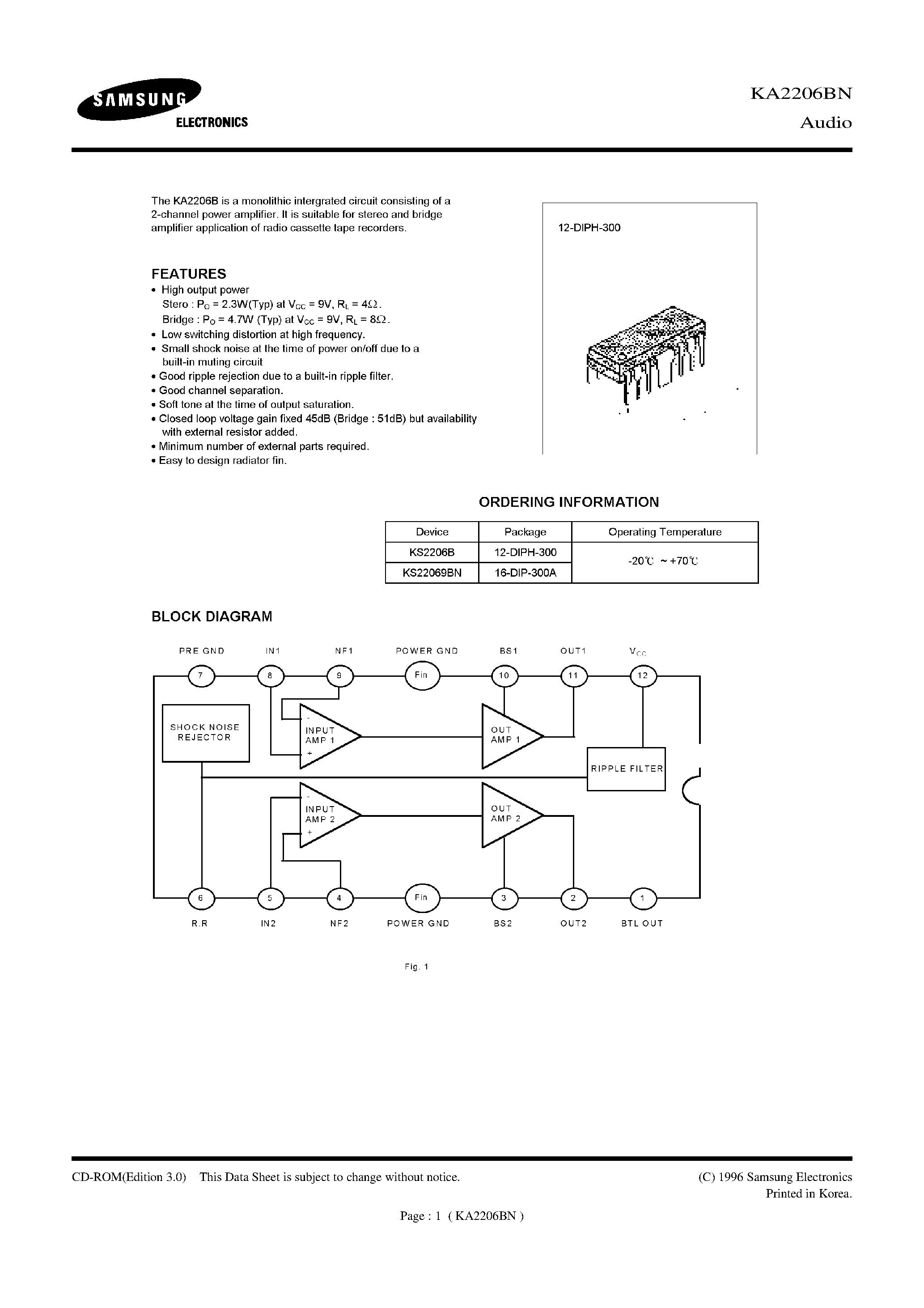Datasheet KA2206BN - 2-CHANNEL POWER AMPLIFIER page 1