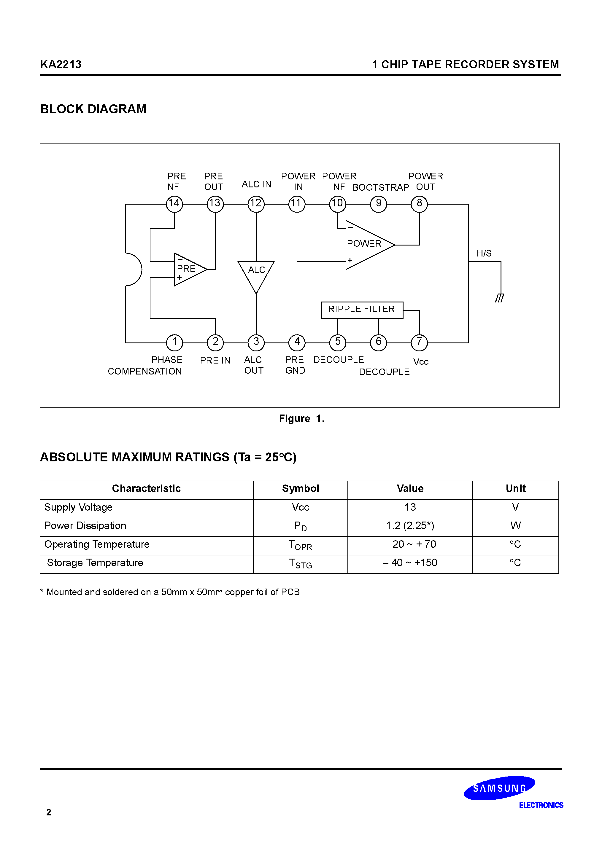 Даташит KA2213 - 1 CHIP TAPE RECORDER SYSTEM страница 2