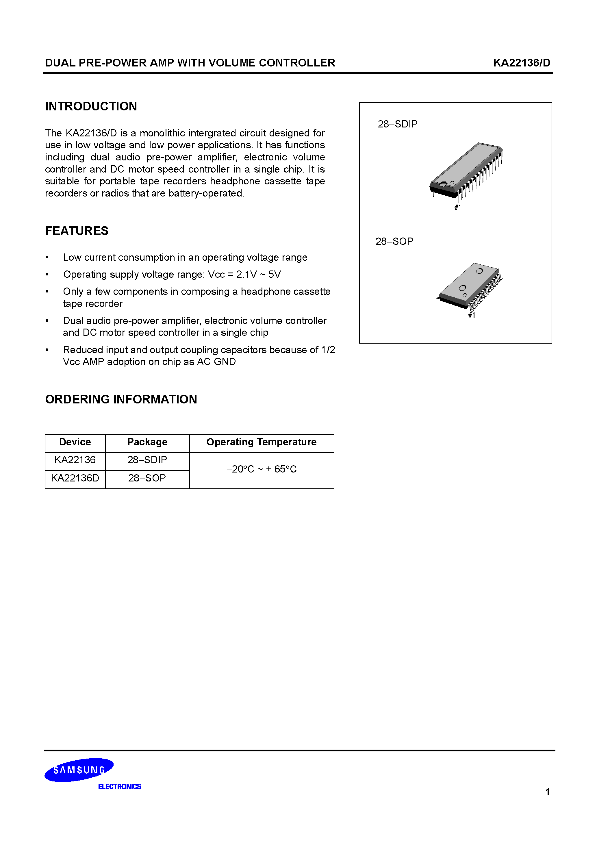 Datasheet KA22136-D - DUAL PRE-POWER AMP WITH VOLUME CONTROLLER page 1