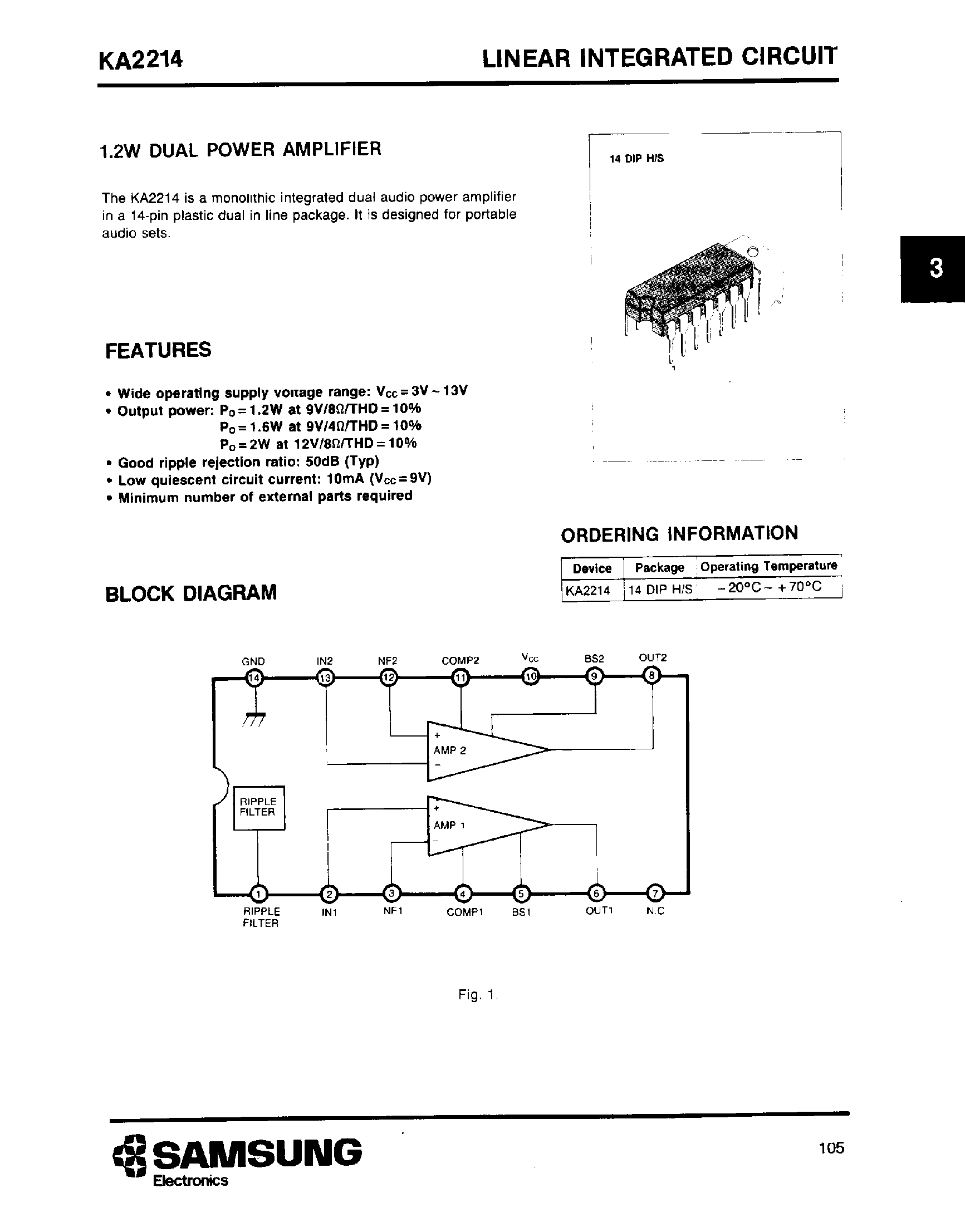 Даташит KA2214 - 1.2W DUAL POWER AMPLIFIER страница 1