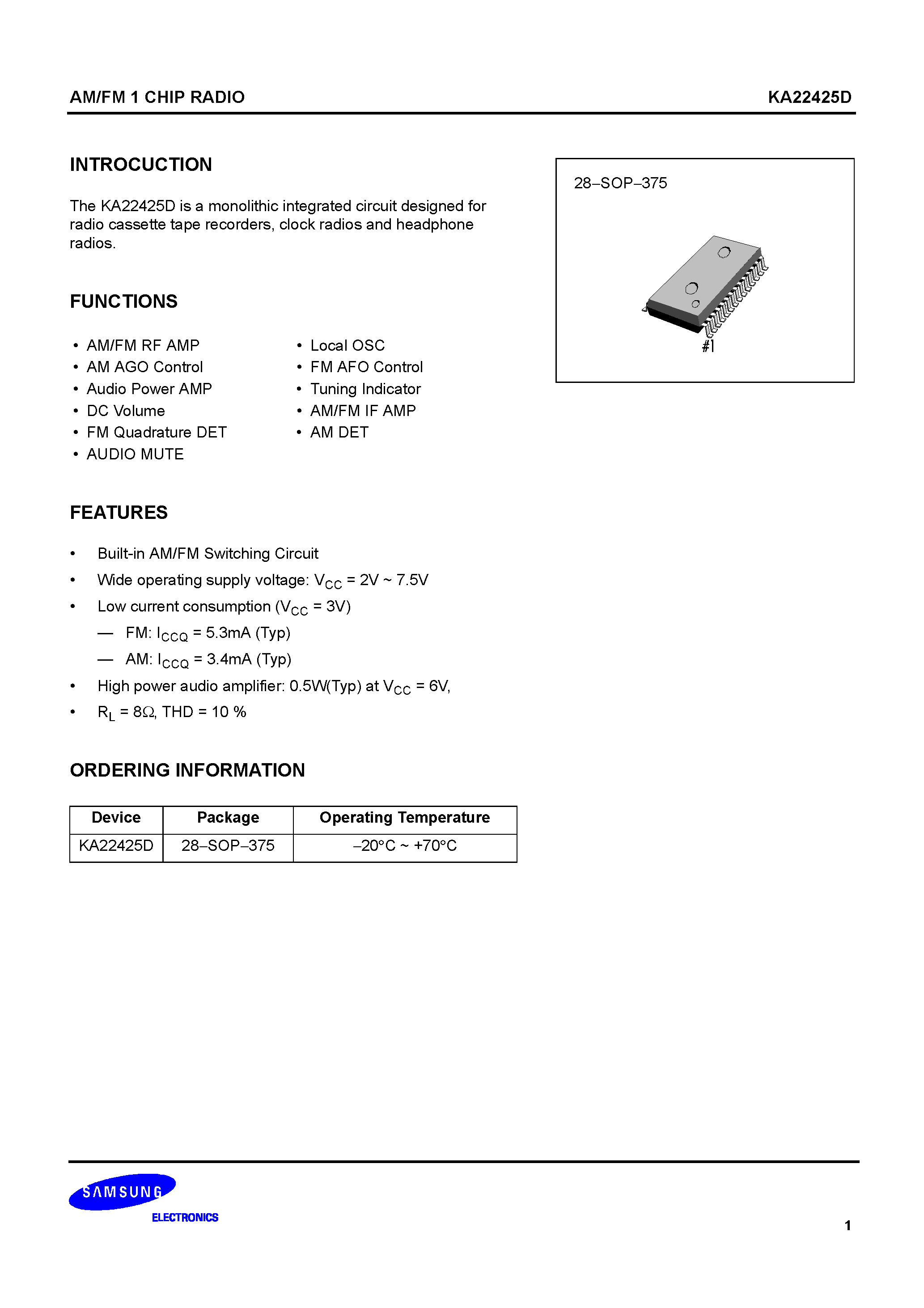 Даташит на микросхему KA22425D страница 1 Даташит KA22425D - AM/FM 1 CHIP RADIO страница 1