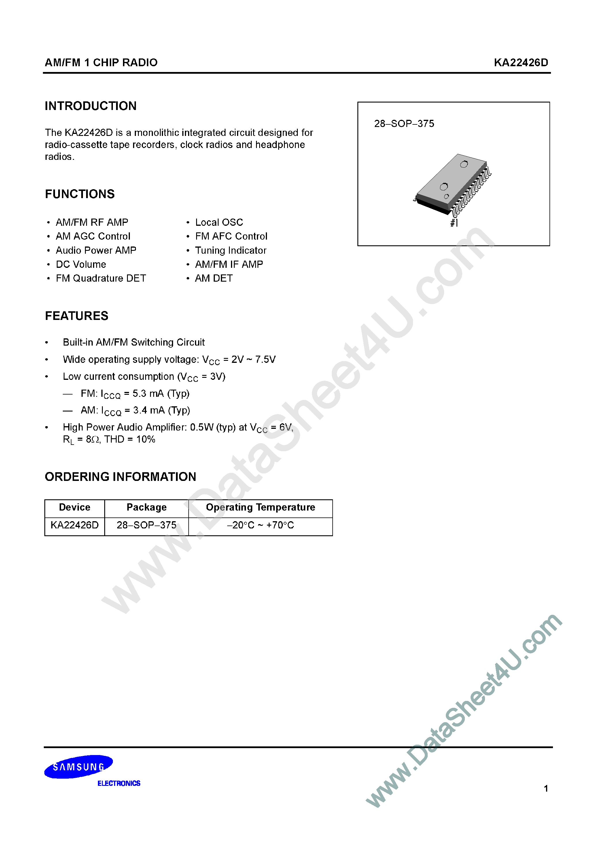 Даташит KA22426D - AM/FM 1 CHIP RADIO страница 1
