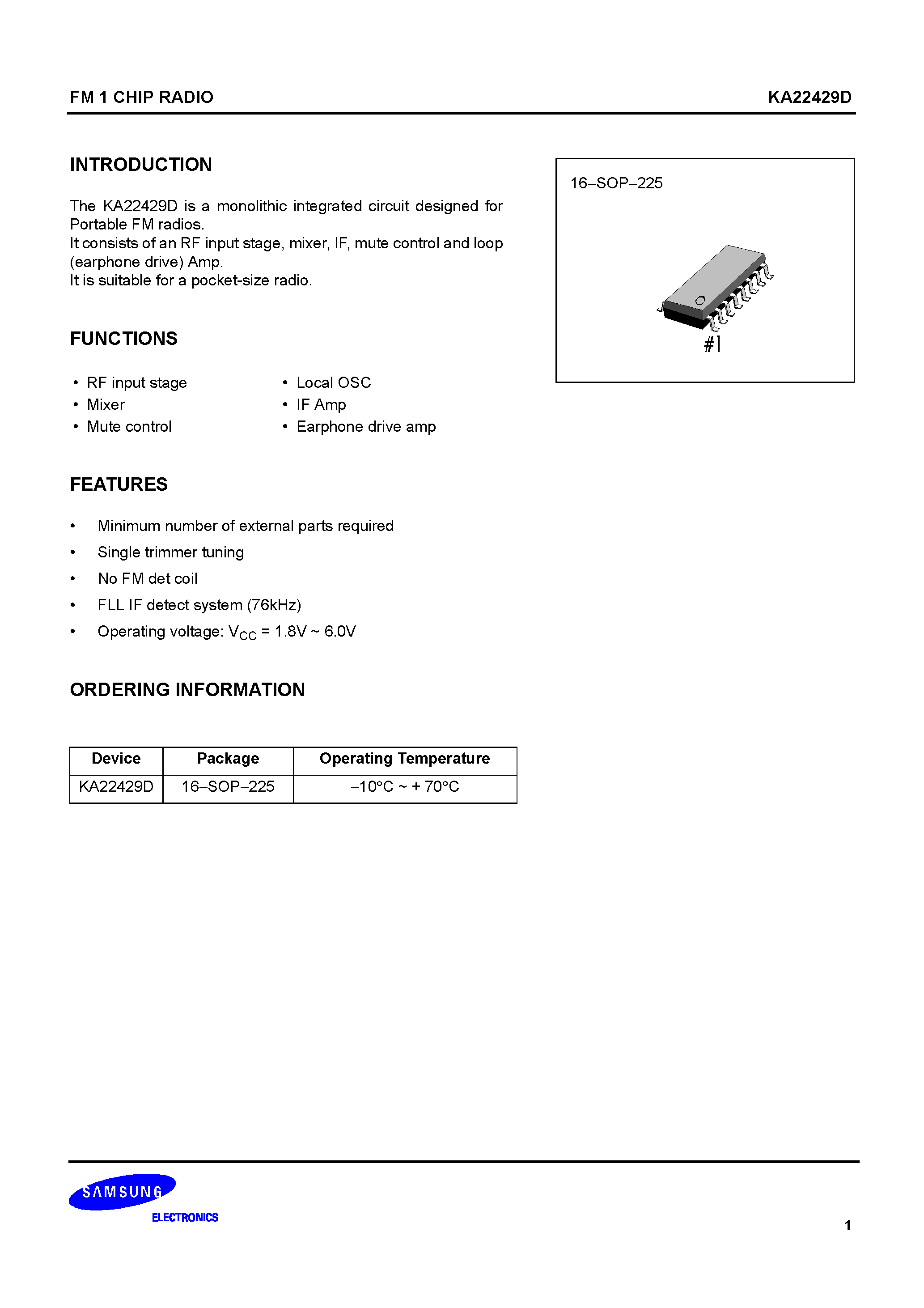 Даташит KA22429D - FM 1 CHIP RADIO страница 1