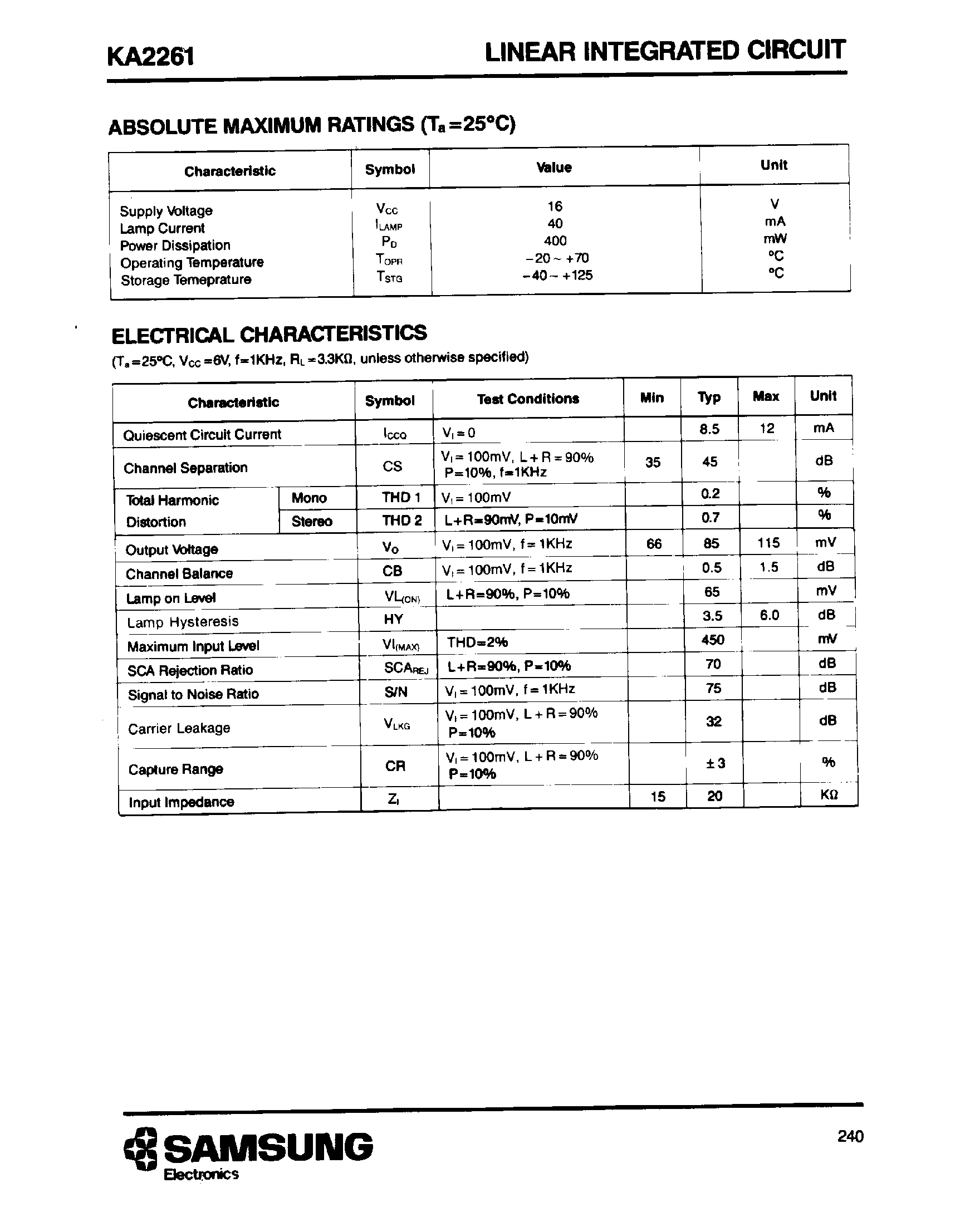 Даташит на микросхему KA2261 страница 2 Даташит KA2261 - LINEAR INTEGRATED CIRCUIT страница 2
