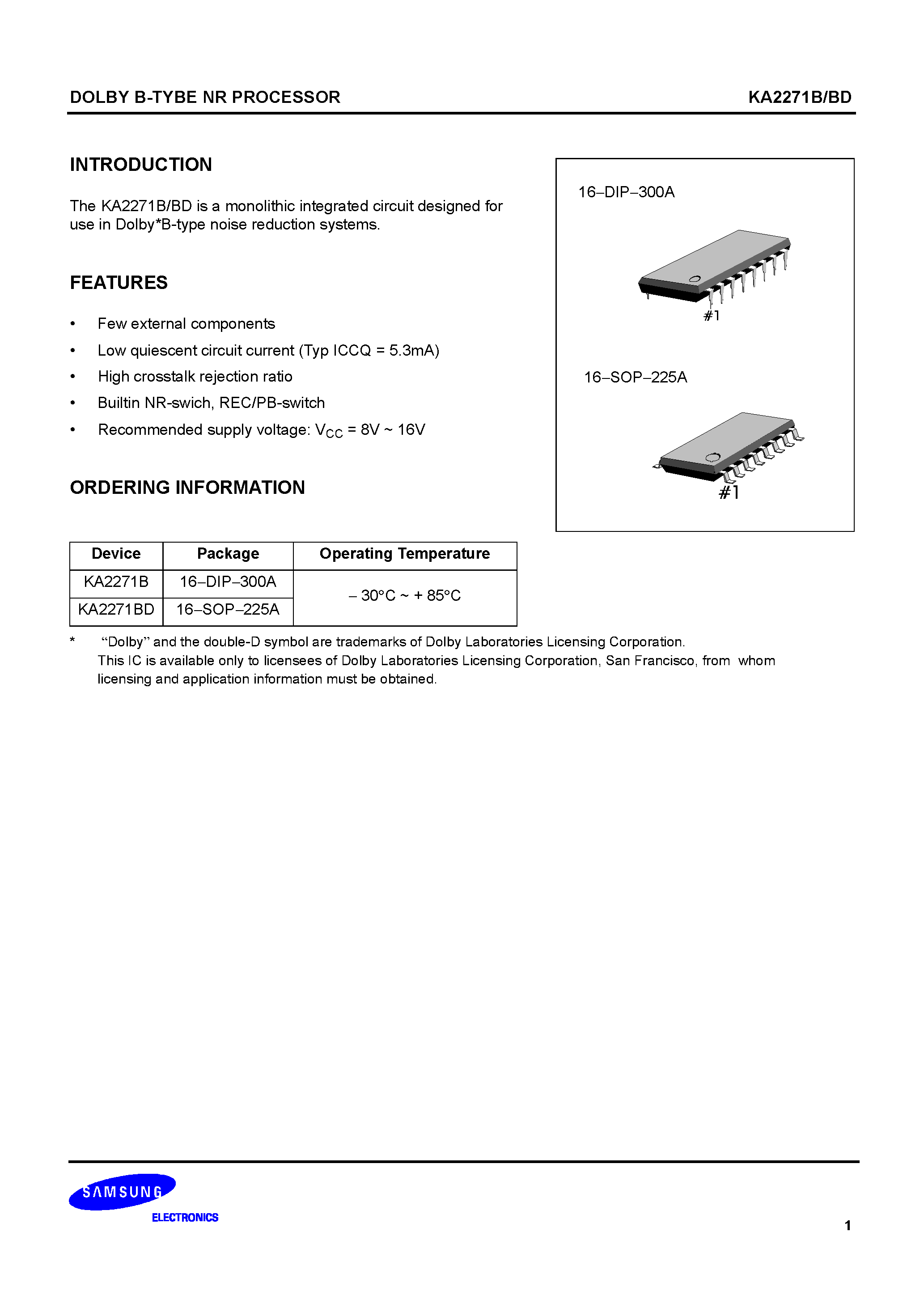 Datasheet KA2271BD page 1 Datasheet KA2271BD - DOLBY B-TYPE NR PROCESSOR page 1