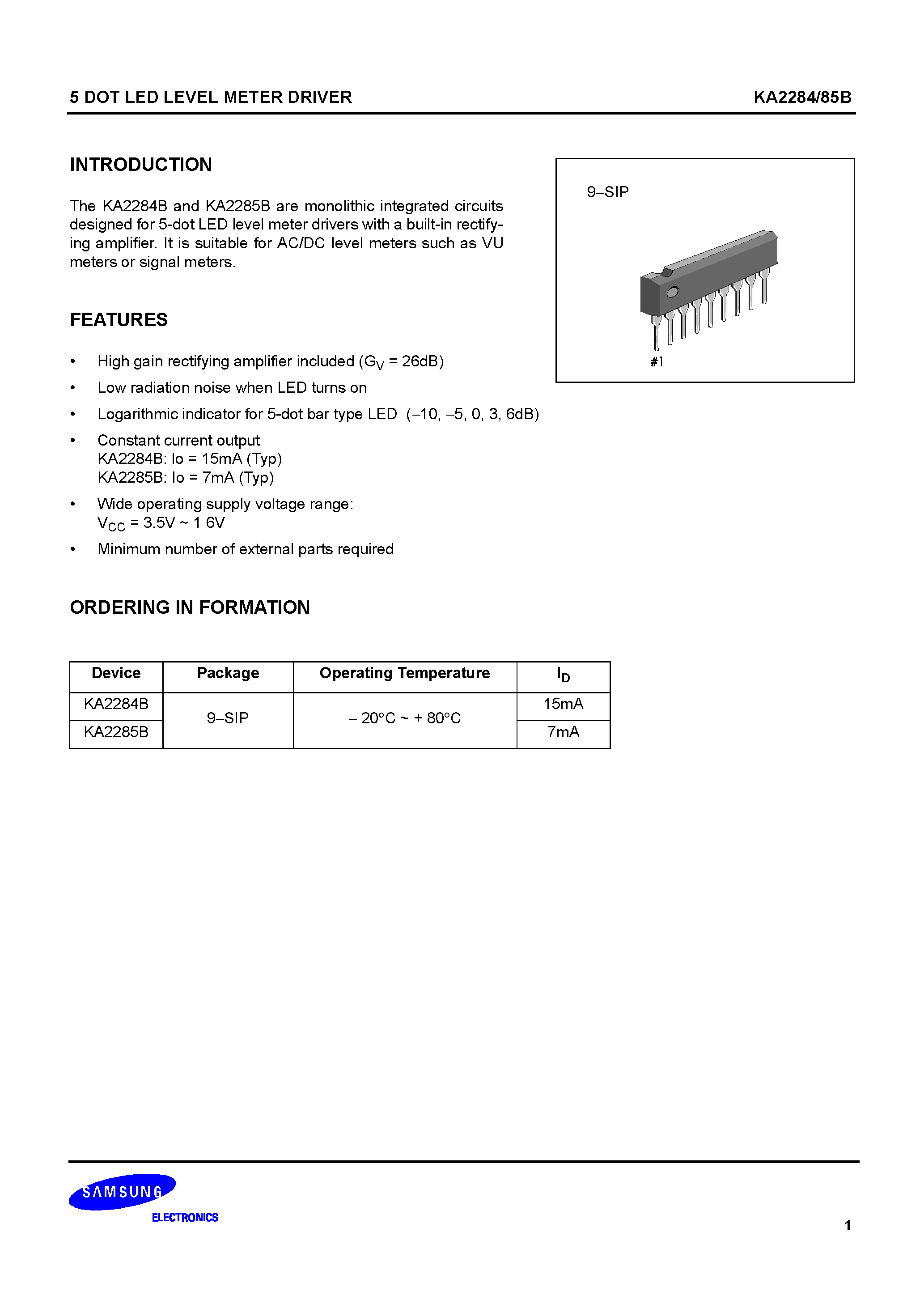 Datasheet KA2285B page 1 Datasheet KA2285B - 5 DOT LED LEVEL METER DRIVER page 1
