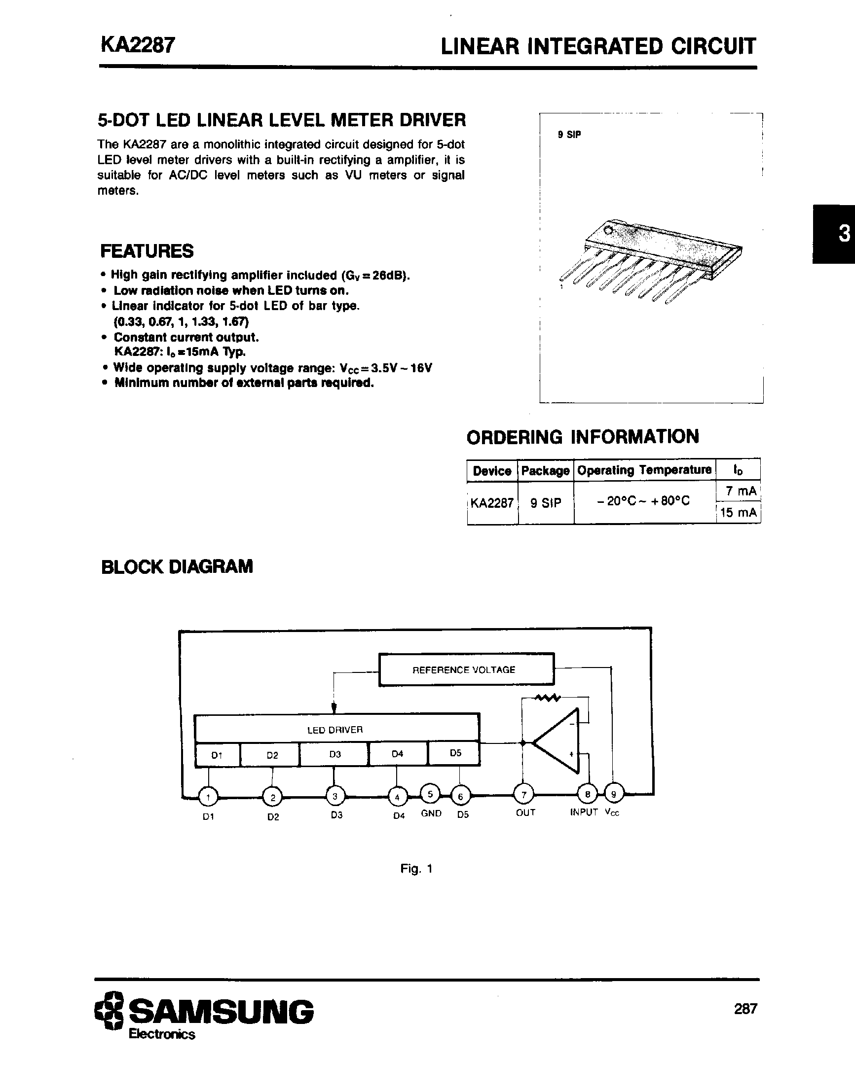 Datasheet KA2287 - 5 DOT LED LINEAR LEVEL METER DRIVER page 1