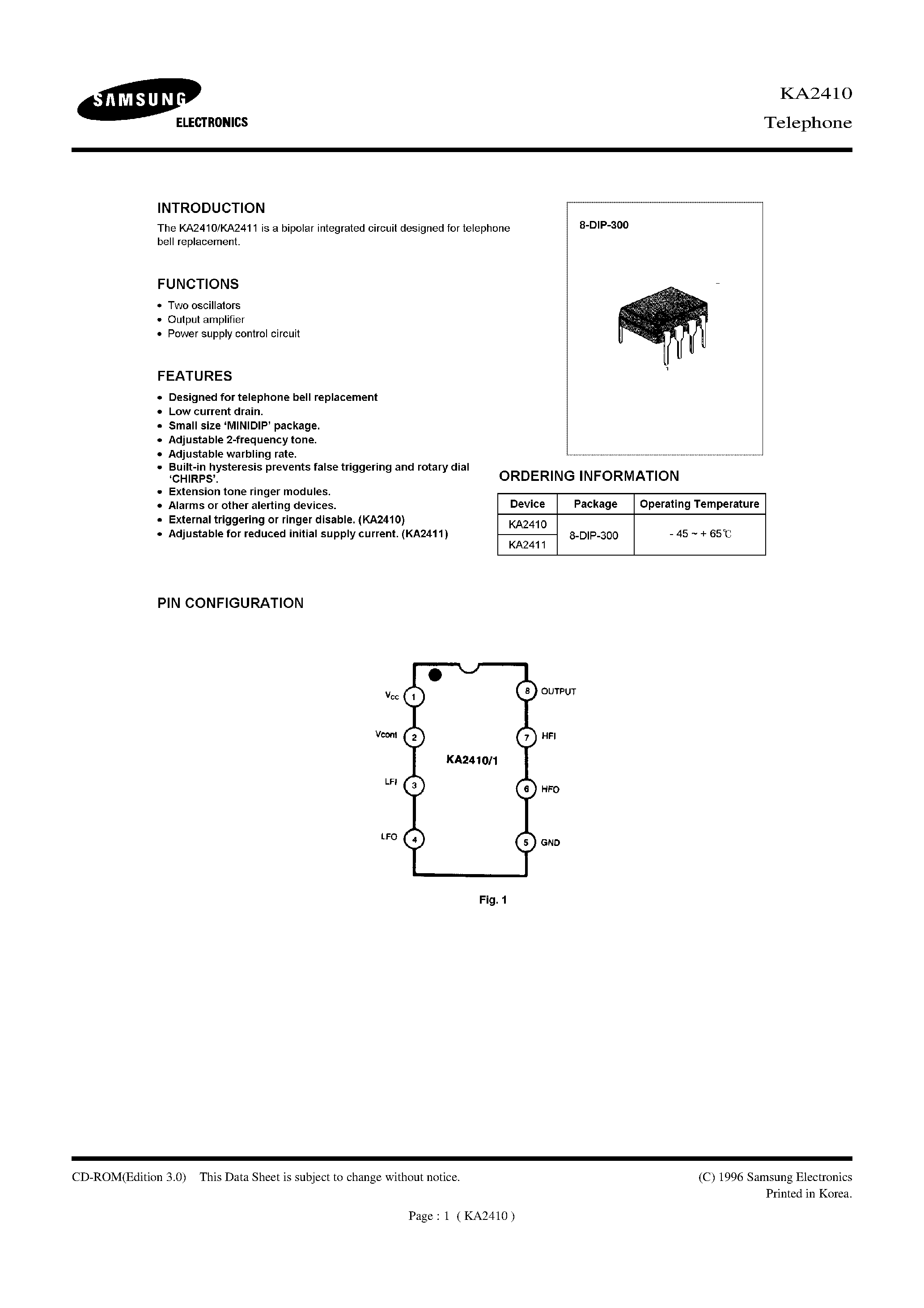 Datasheet KA2410 - THE KA2410/KA2411 IS A BIPOLAR INTEGRATED CIRCUIT DESIGNED FOR TELEPHONE BELL REPLACEMENT page 1