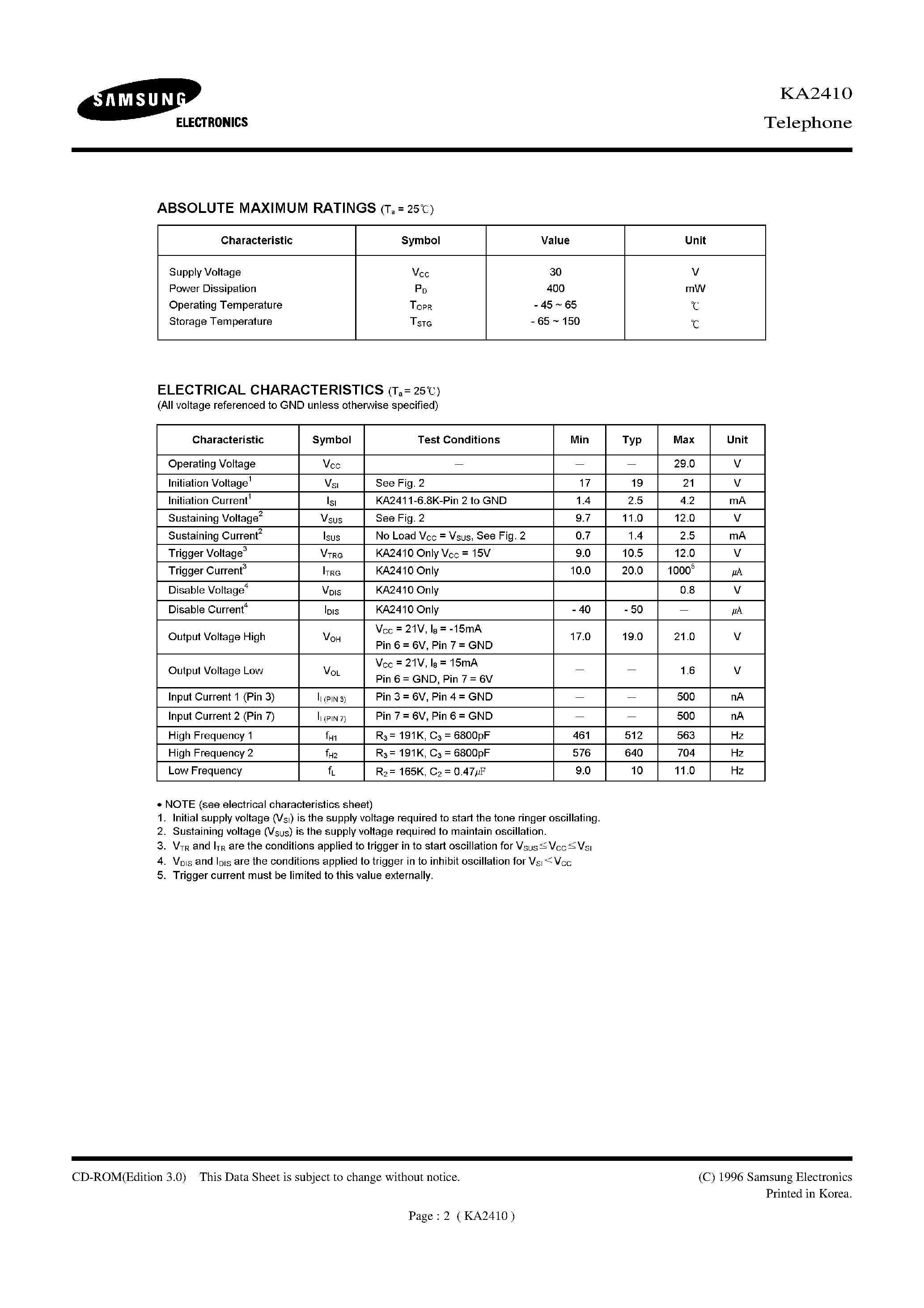 Datasheet KA2411 - THE KA2410/KA2411 IS A BIPOLAR INTEGRATED CIRCUIT DESIGNED FOR TELEPHONE BELL REPLACEMENT page 2