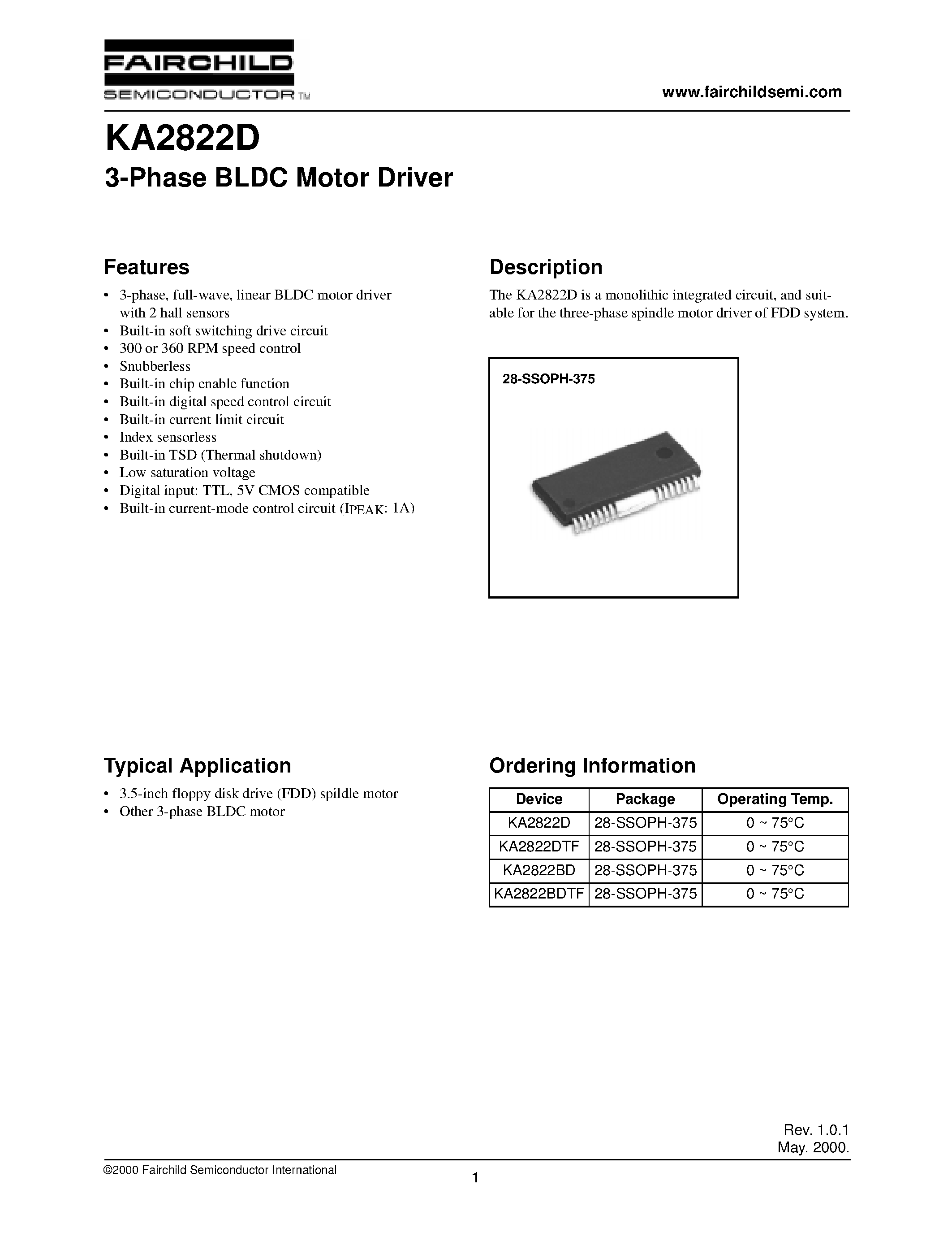 Datasheet KA2822D - 3-Phase BLDC Motor Driver page 1
