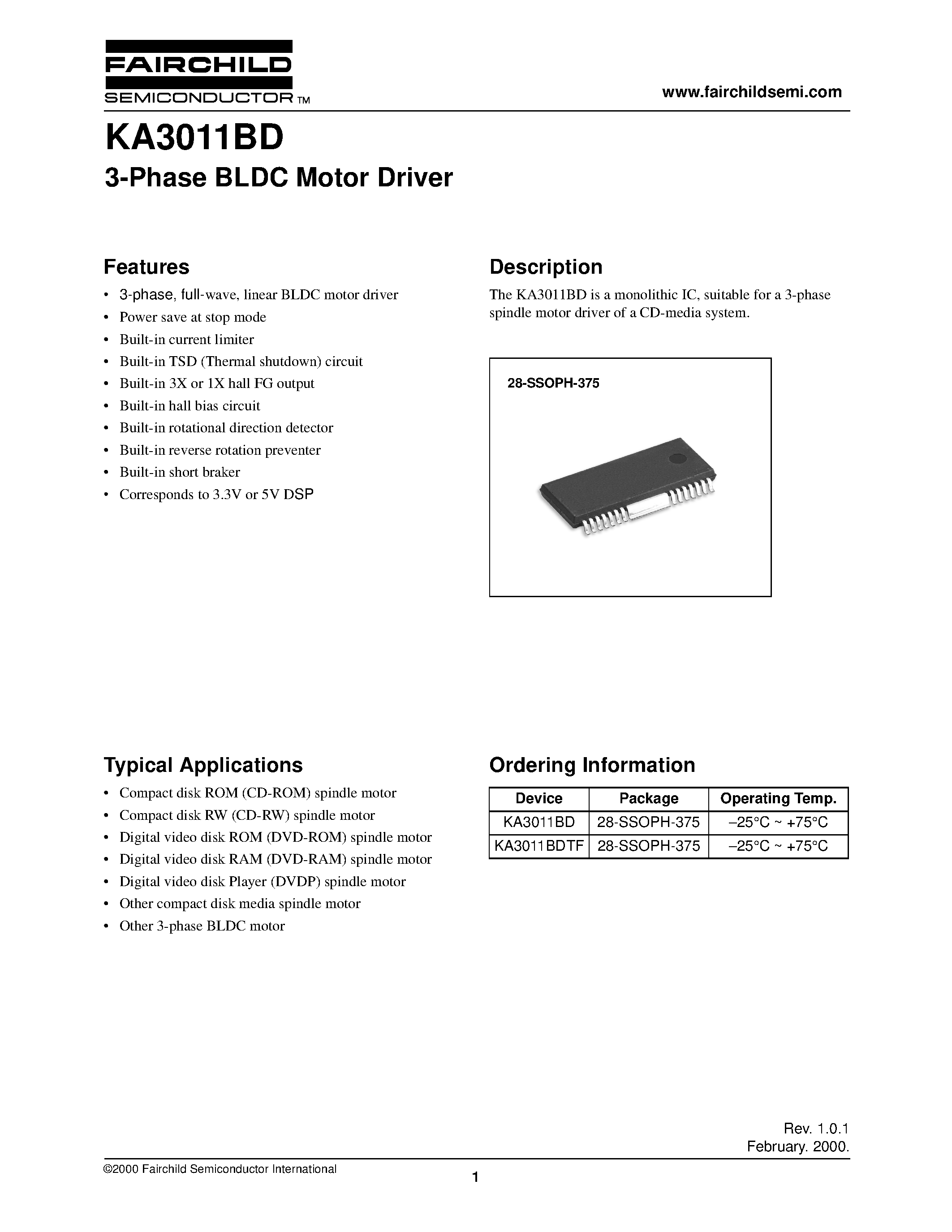 Datasheet KA3011BDTF - 3-Phase BLDC Motor Driver page 1
