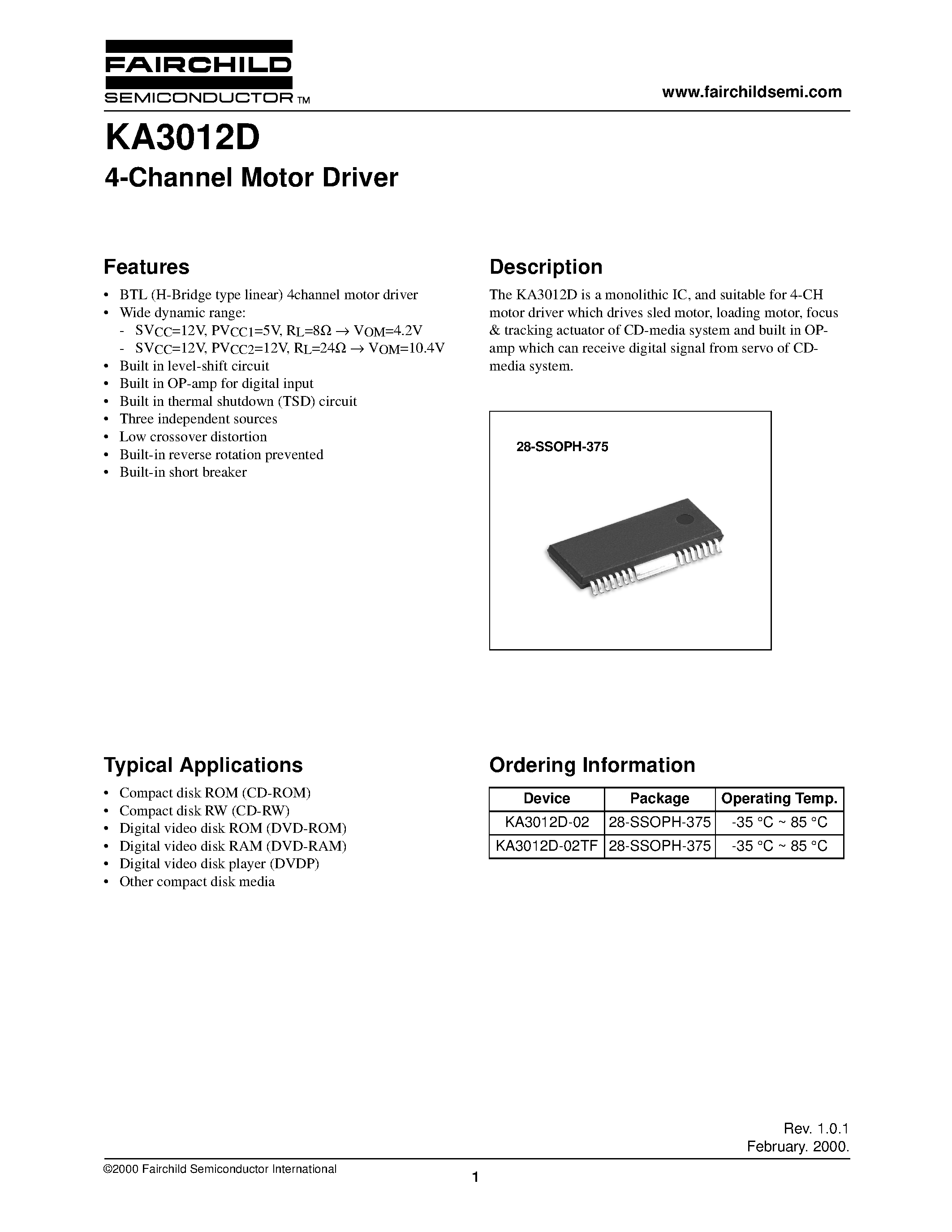 Даташит KA3012D-02 - 4-Channel Motor Driver страница 1