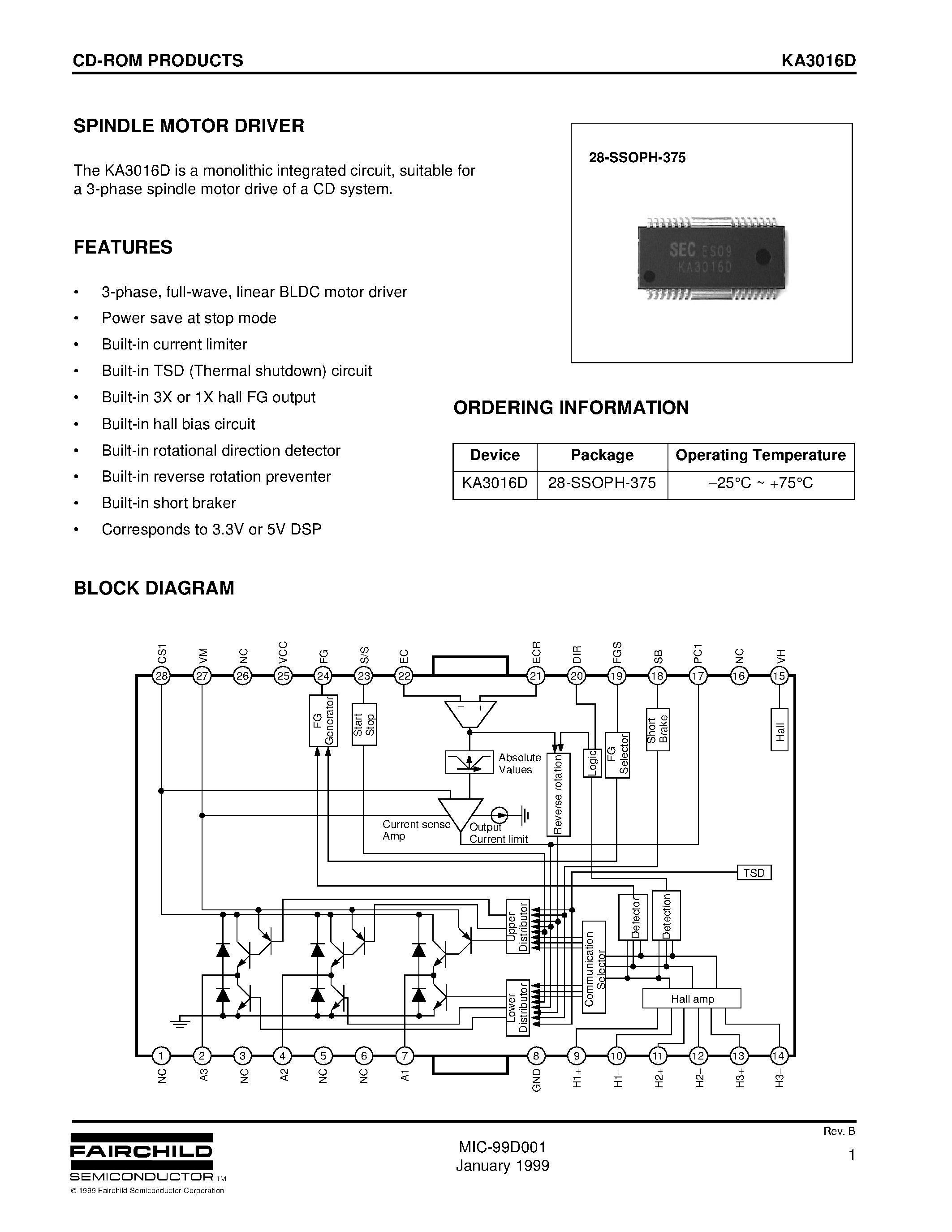 Datasheet KA3016D - SPINDLE MOTOR DRIVER page 1