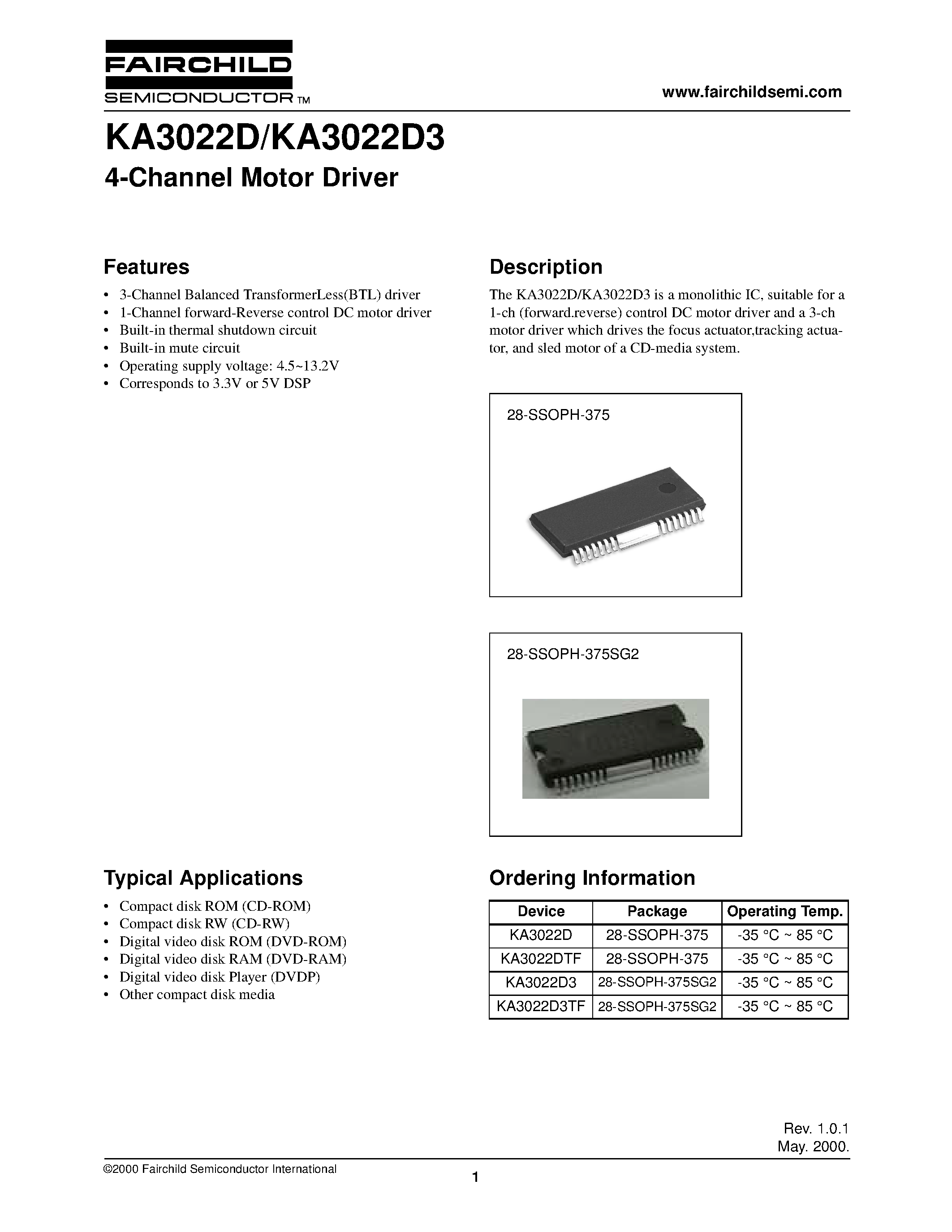 Datasheet KA3022D - 4-Channel Motor Driver page 1