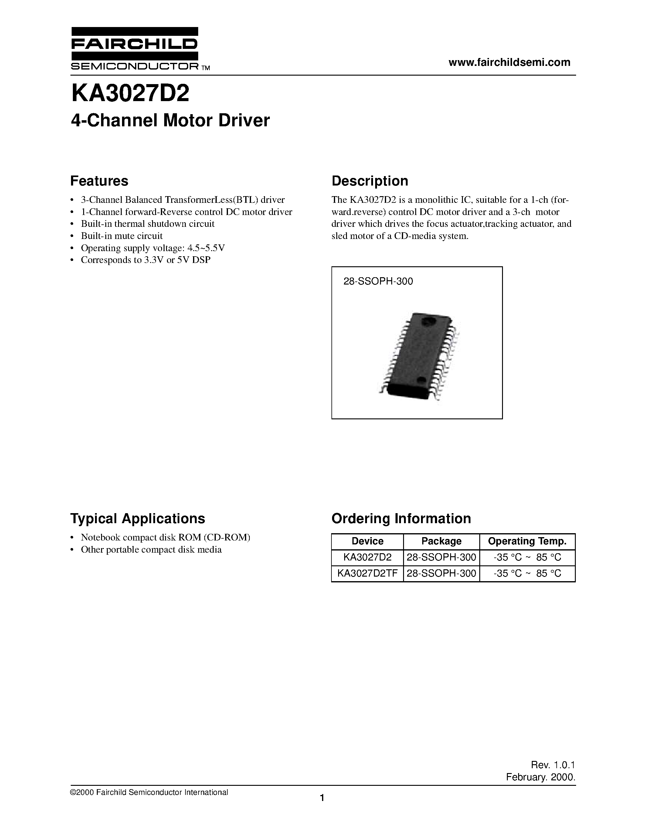 Даташит на микросхему KA3027D2 страница 1 Даташит KA3027D2 - 4-Channel Motor Driver страница 1