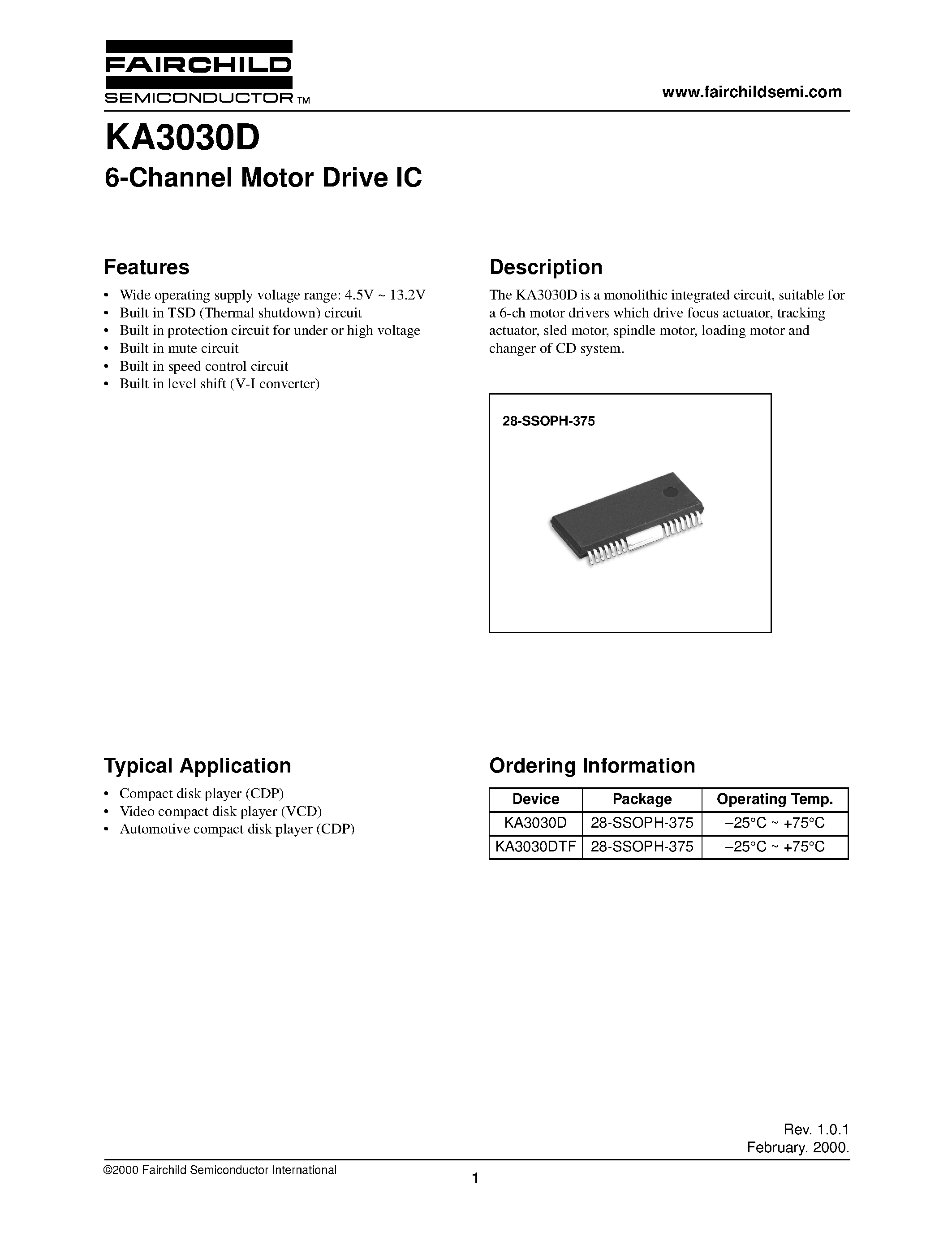 Datasheet KA3030D page 1 Datasheet KA3030D - 6-Channel Motor Drive IC page 1