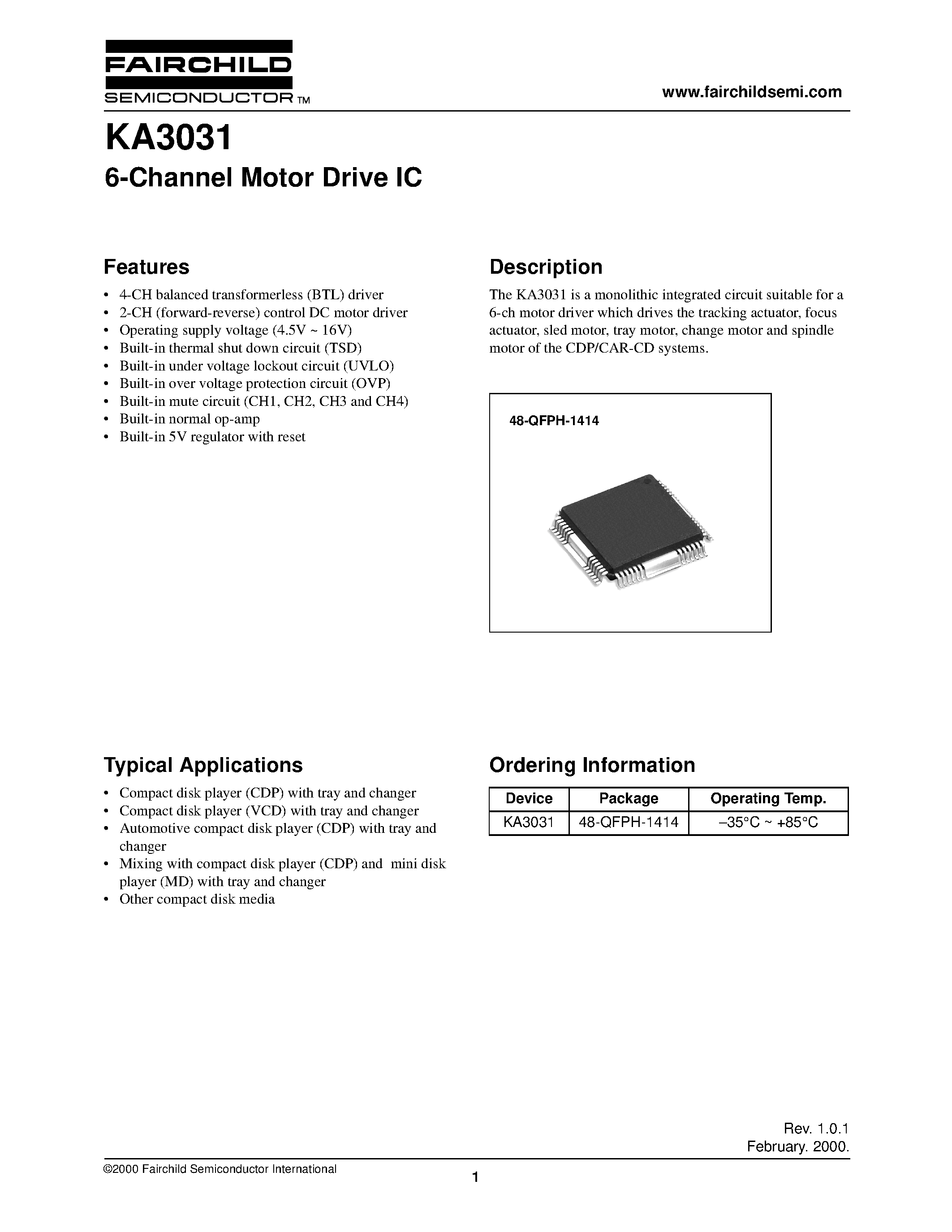 Datasheet KA3031 page 1 Datasheet KA3031 - 6-Channel Motor Drive IC page 1