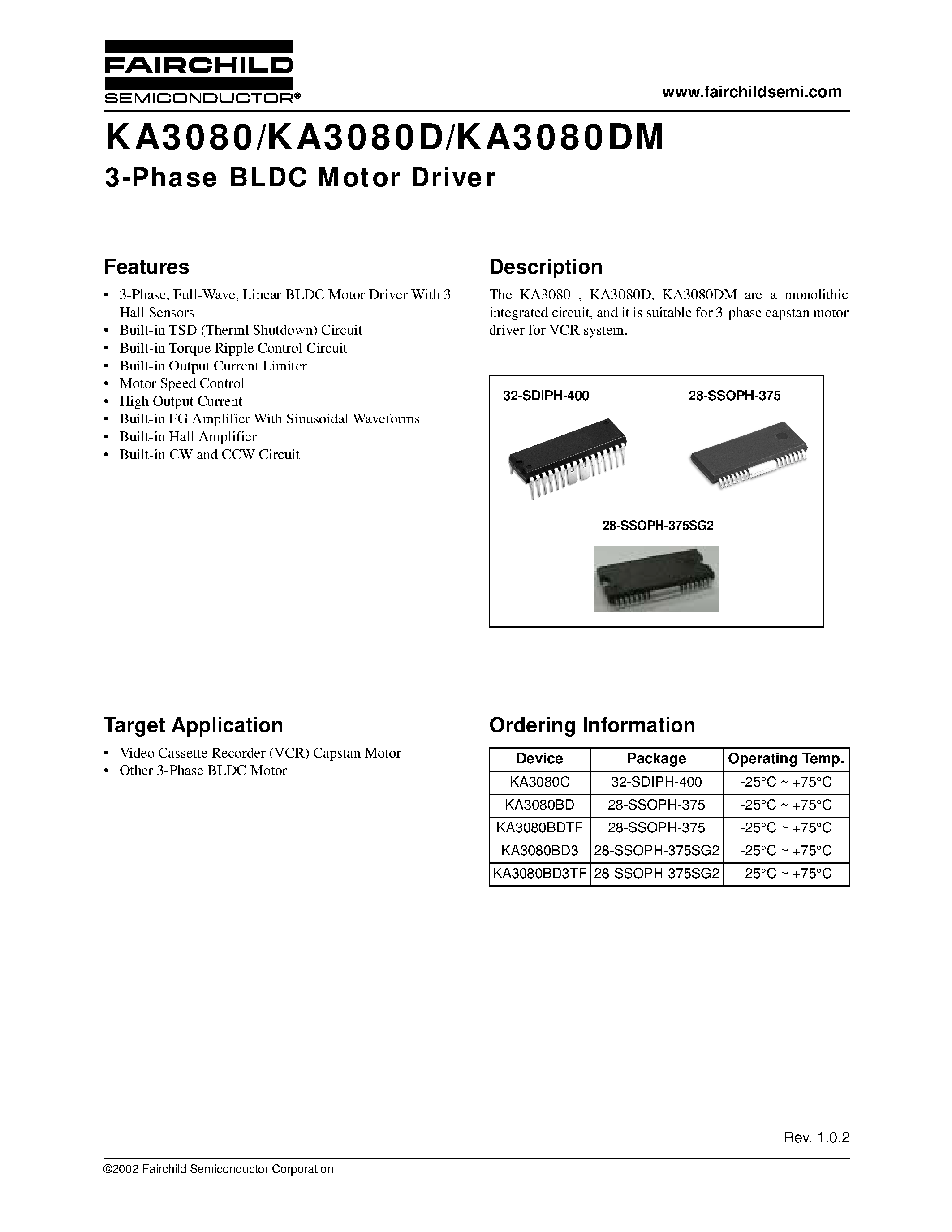 Datasheet KA3080BDTF - 3-Phase BLDC Motor Driver page 1