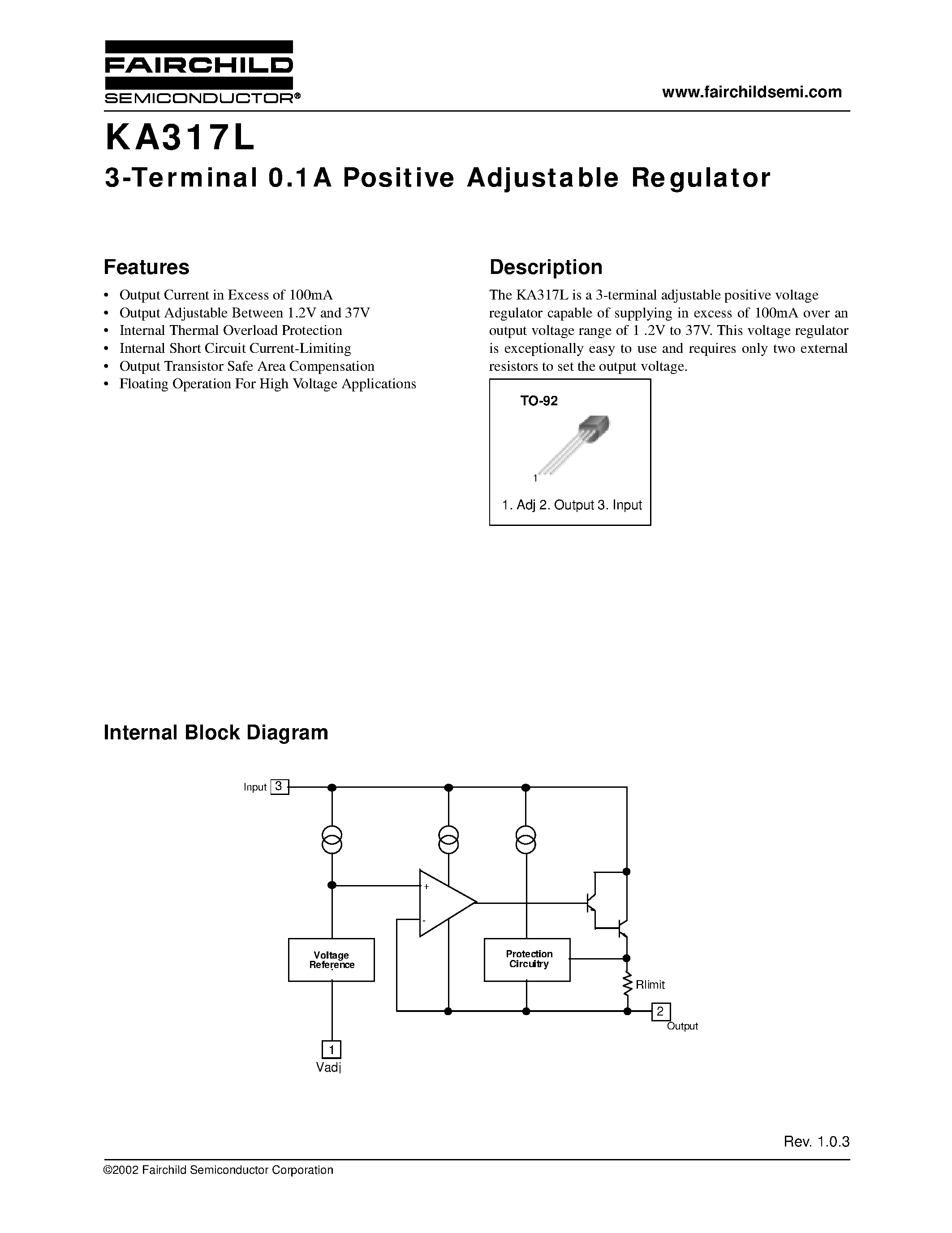 Datasheet KA317LZ - 3-Terminal 0.1A Positive Adjustable Regulator page 1