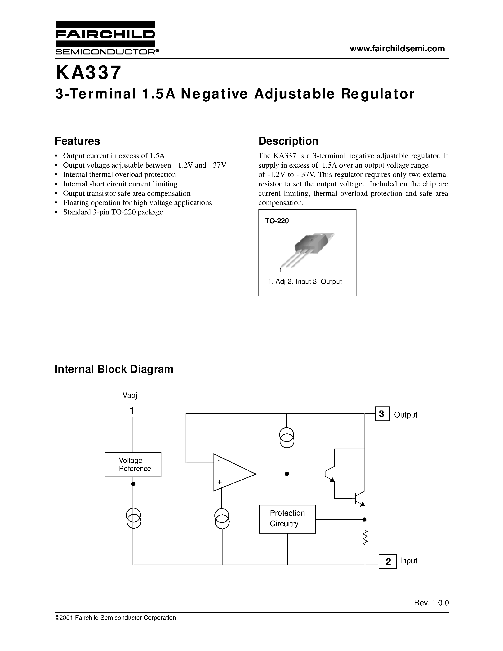 Datasheet KA337 - 3-Terminal 1.5A Negative Adjustable Regulator page 1