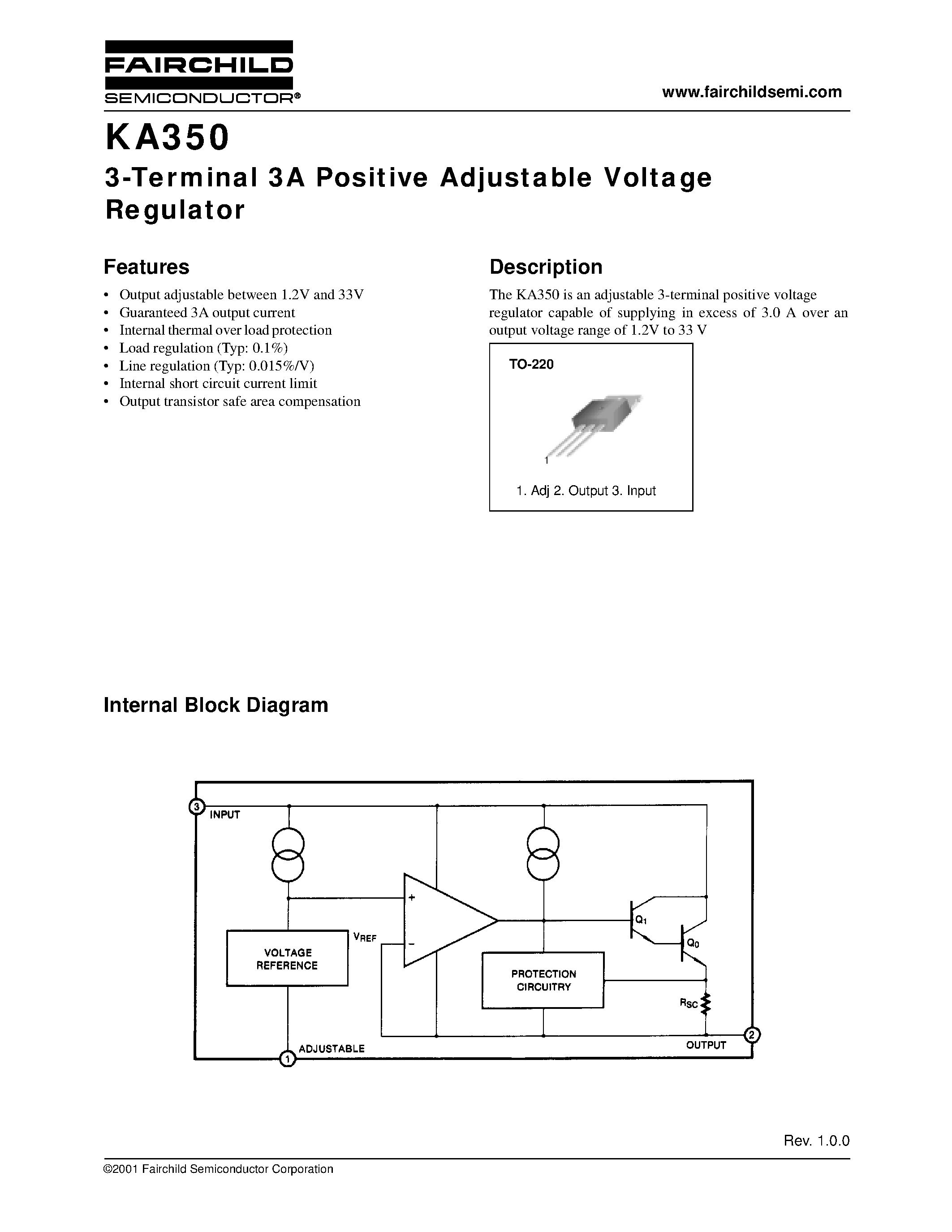 Datasheet KA350 - 3-Terminal 3A Positive Adjustable Voltage Regulator page 1