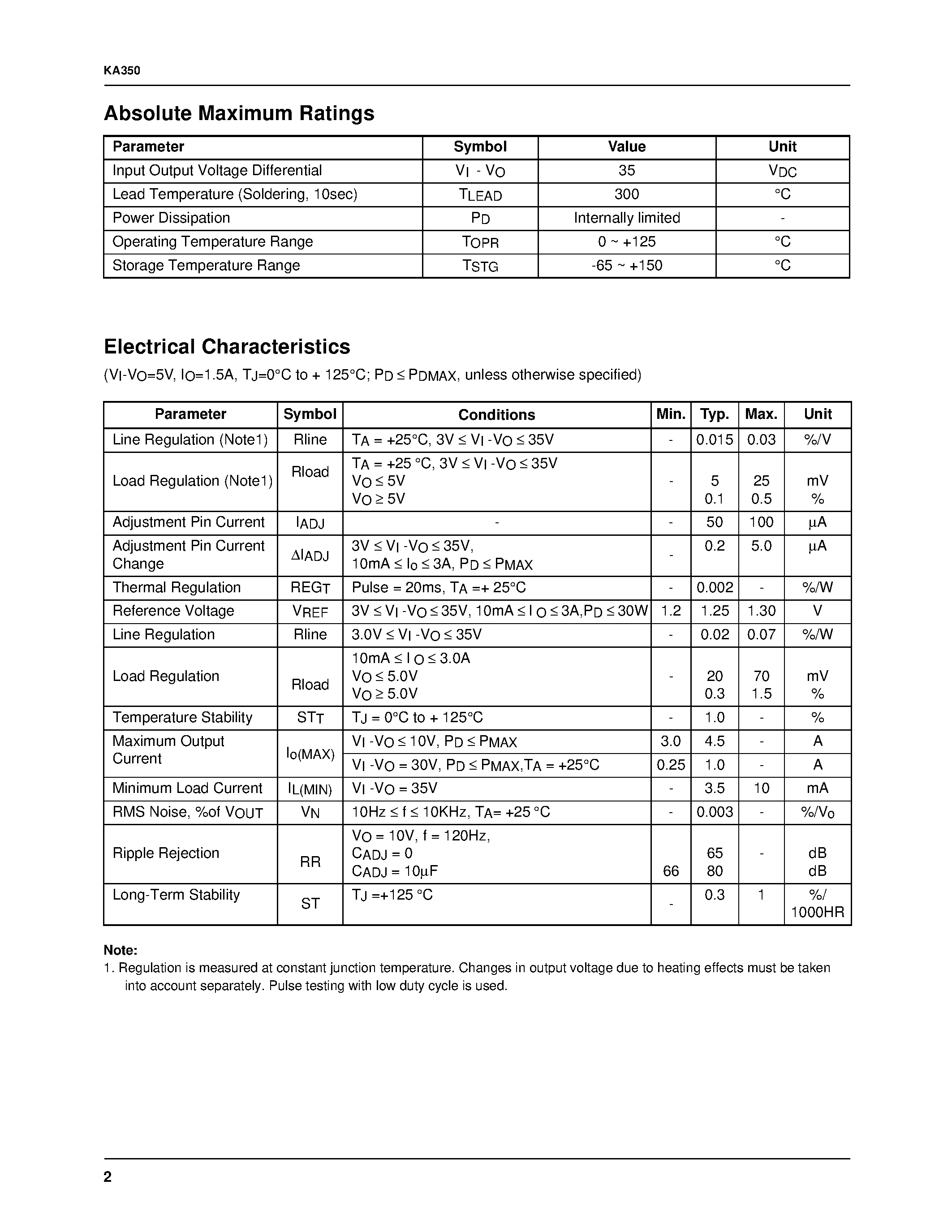 Datasheet KA350 - 3-Terminal 3A Positive Adjustable Voltage Regulator page 2