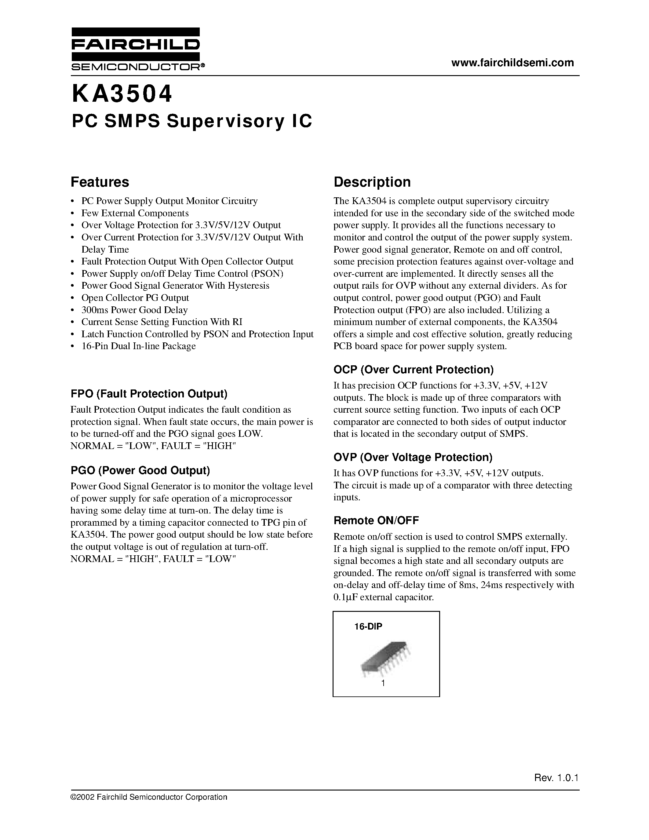 Datasheet KA3504 page 1 Datasheet KA3504 - PC SMPS Supervisory IC page 1