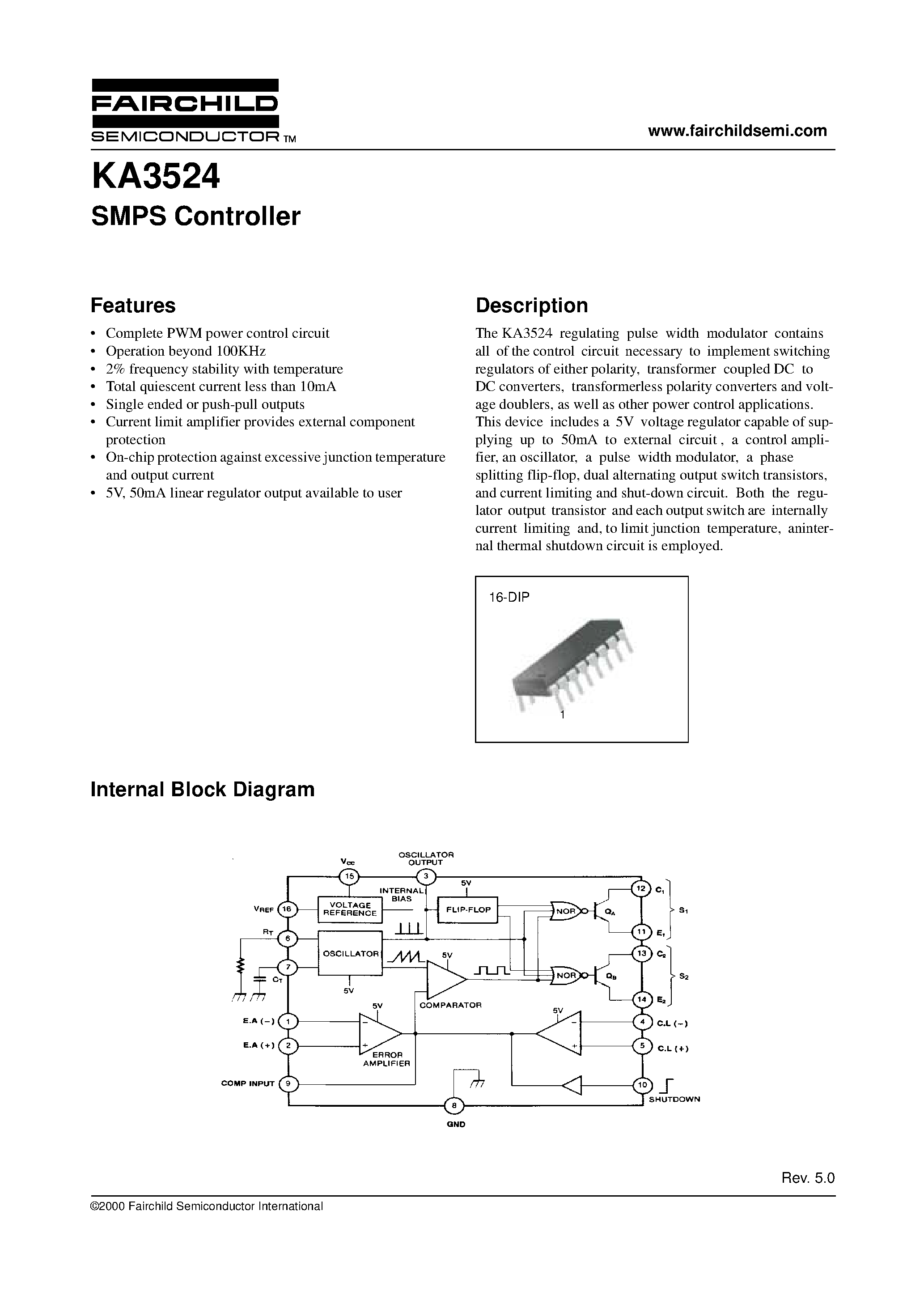 Datasheet KA3524 page 1 Datasheet KA3524 - SMPS Controller page 1