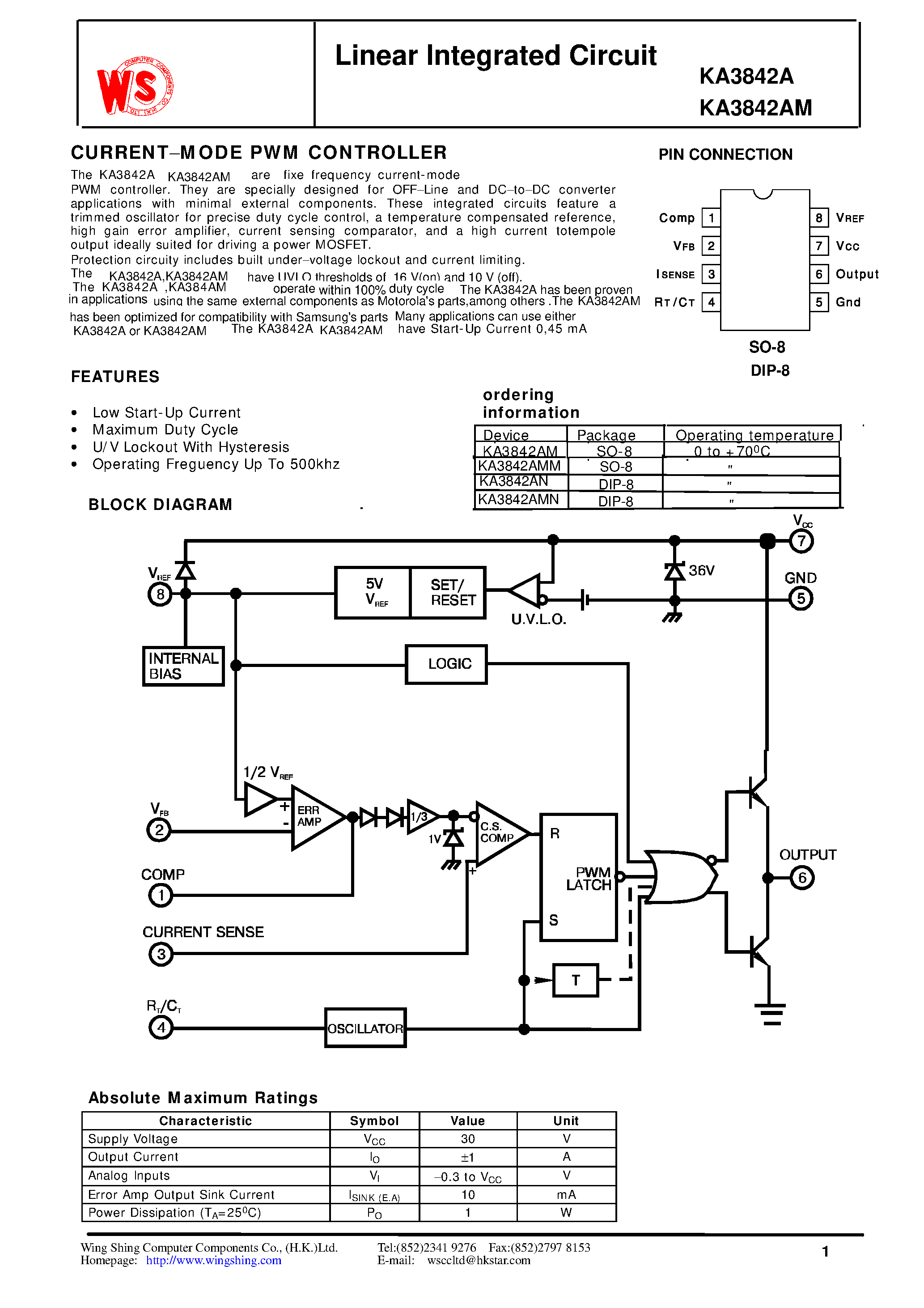 Даташит на микросхему KA3842A страница 1 Даташит KA3842A - Linear Integrated Circuit(CURRENT-MODE PWM CONTROLLER) страница 1